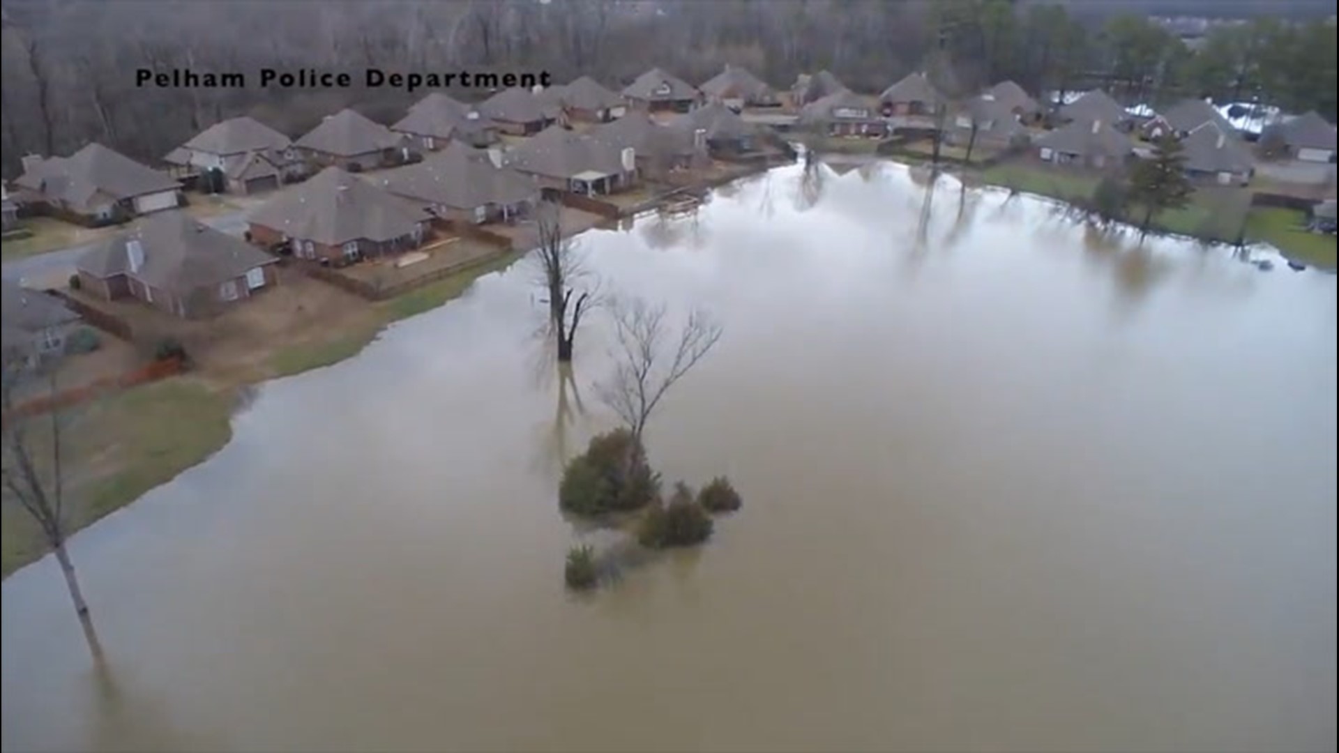 Flash flood warnings were in place for a number of areas across Alabama on Feb. 11, as moderate to heavy rain fell, causing dangerous conditions. Floods are seen here in the town of Pelham.