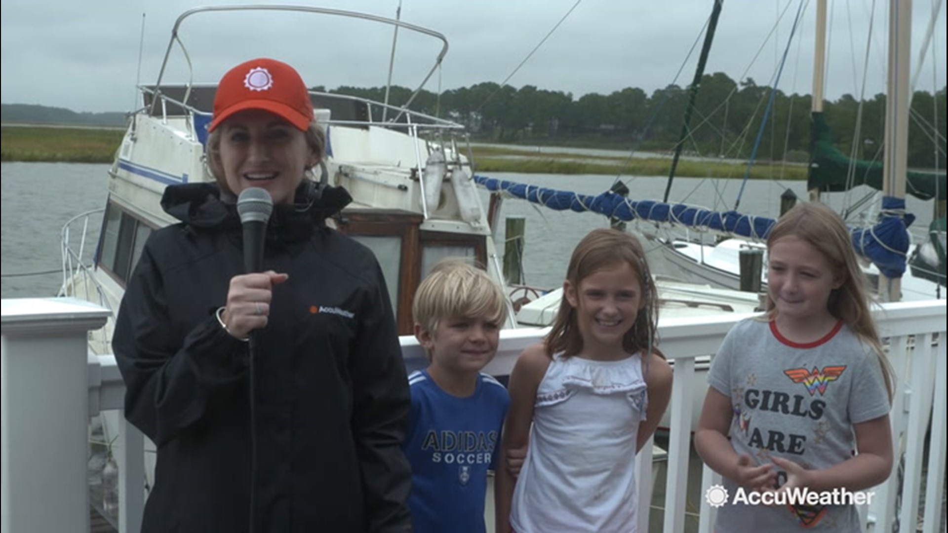 AccuWeather's Cheryl Nelson asked a group of kids about their experience through Hurricane Dorian on Sept. 6, in Smithfield, Virginia. Afterwards, they shouted their farewell to the storm together.