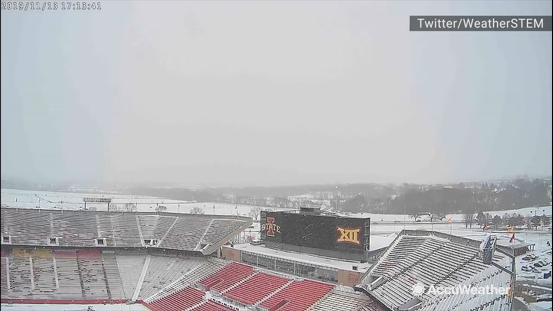 Winter has come early in Ames, Iowa, as Jack Trice Stadium is seen completely buried in snow on Nov. 13.
