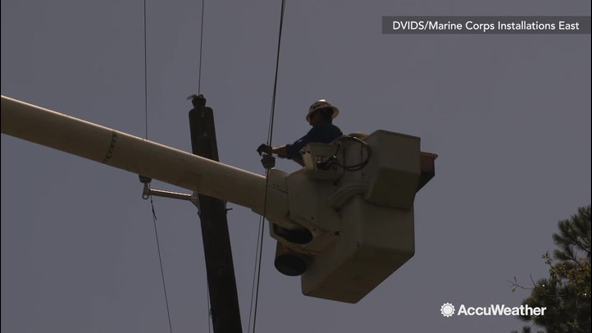 Contracted construction workers were hard at work restoring power to Camp Lejeune, North Carolina, on Sept. 6, after Hurricane Dorian inflicted damage to the area.