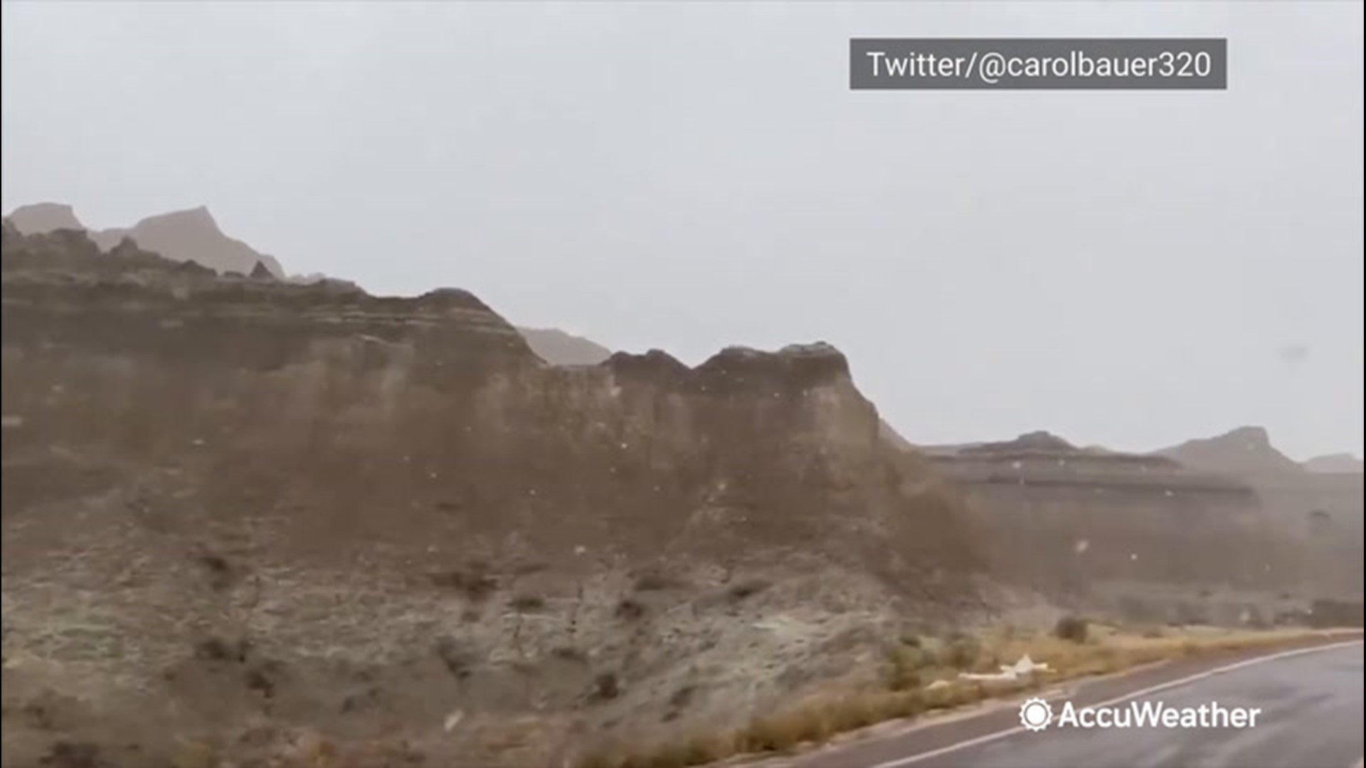 Snow flew near Wall, South Dakota, across the Badlands National Park on Saturday, Oct. 17, along with chilly air for October.