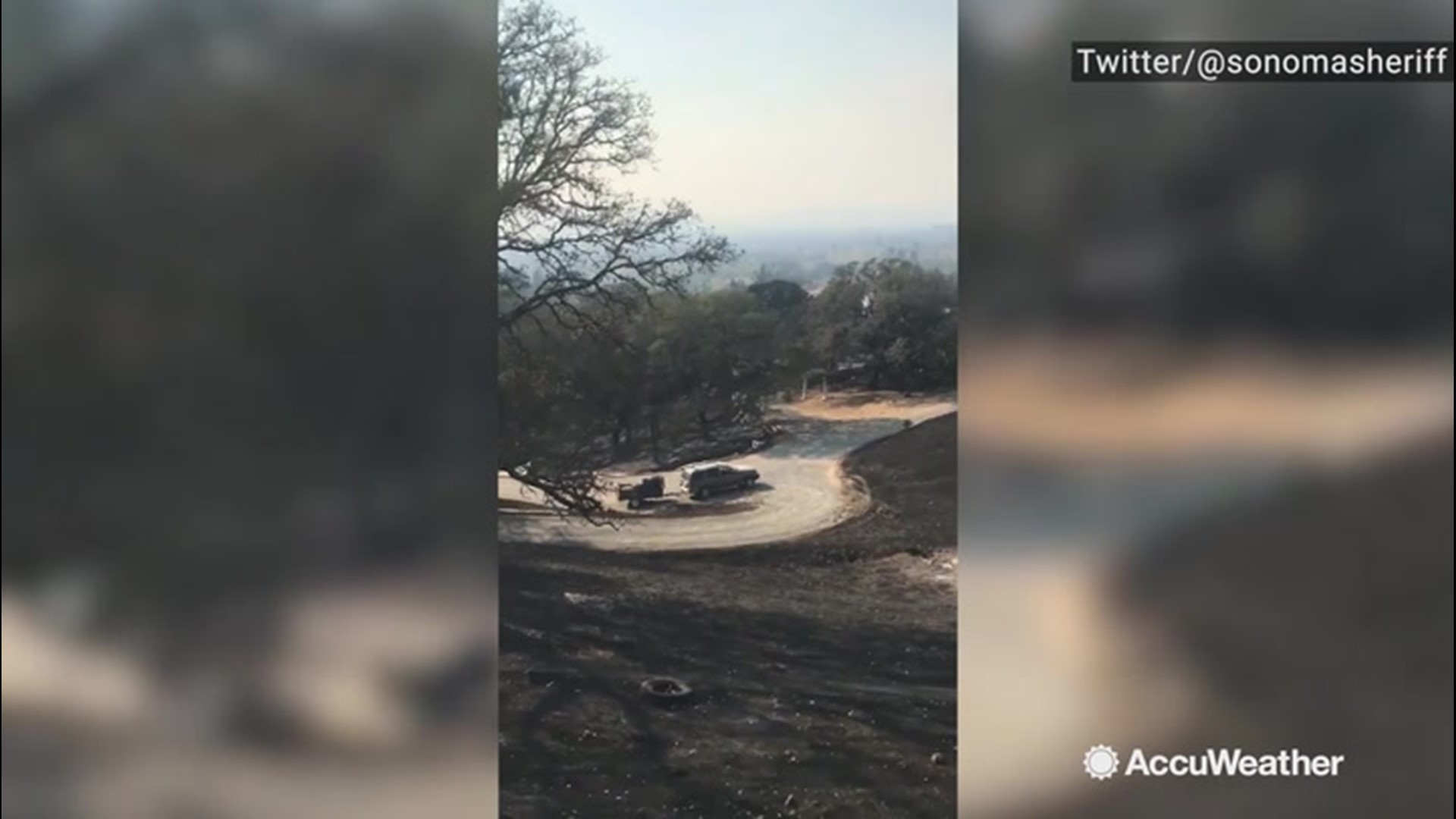 The Kincade Fire burning in Sonoma County, California, has burned over 120 structures, leaving behind scorched land on Oct. 29.