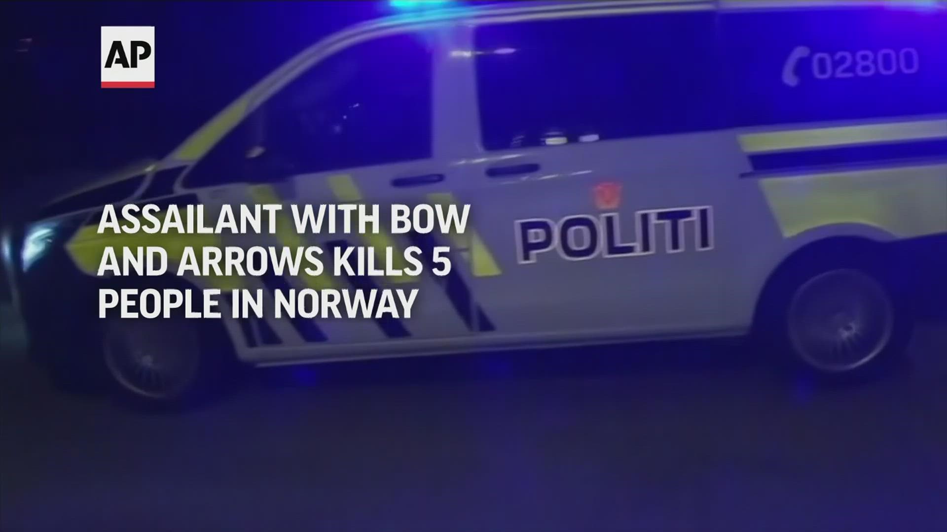 A man armed with a bow and arrows killed five people Wednesday near the Norwegian capital of Oslo before he was arrested, authorities said.