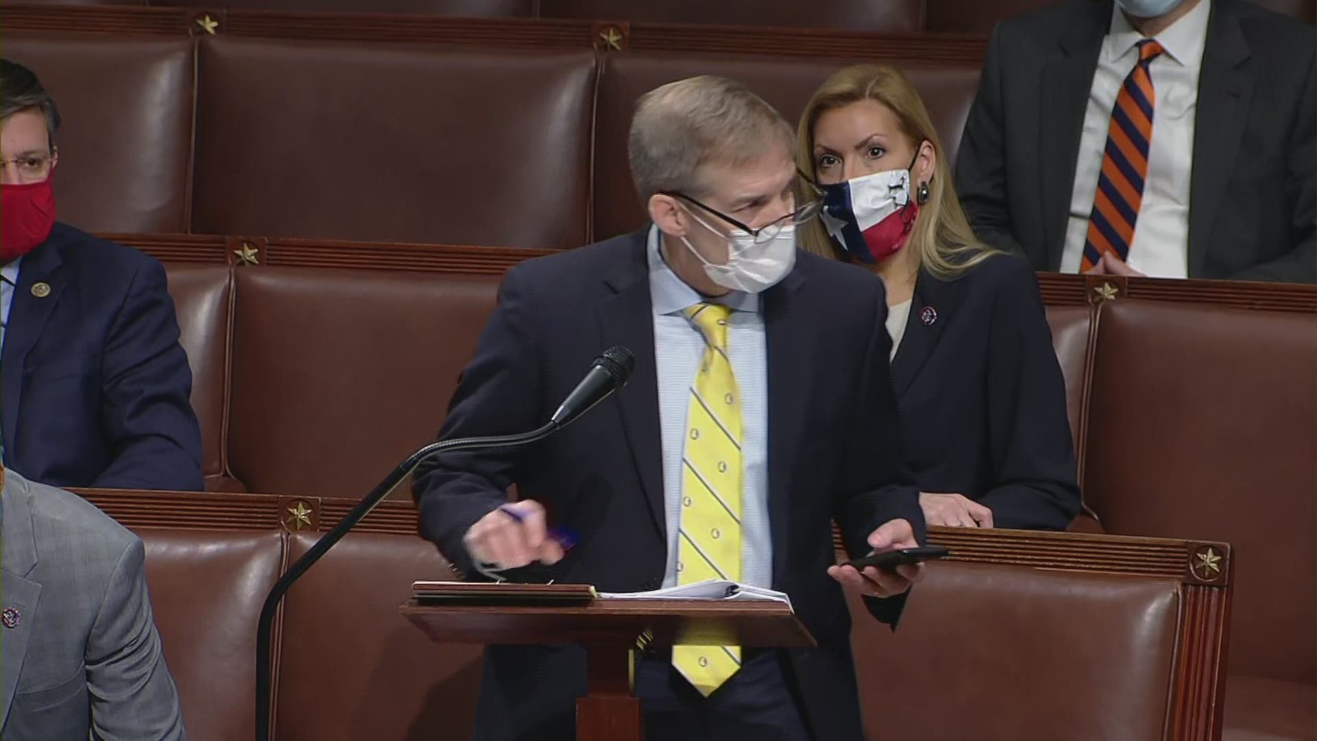 While the House debated whether to impeach President Trump a second time, Rep. Jim Jordan read a statement from Trump urging there be no more violence.