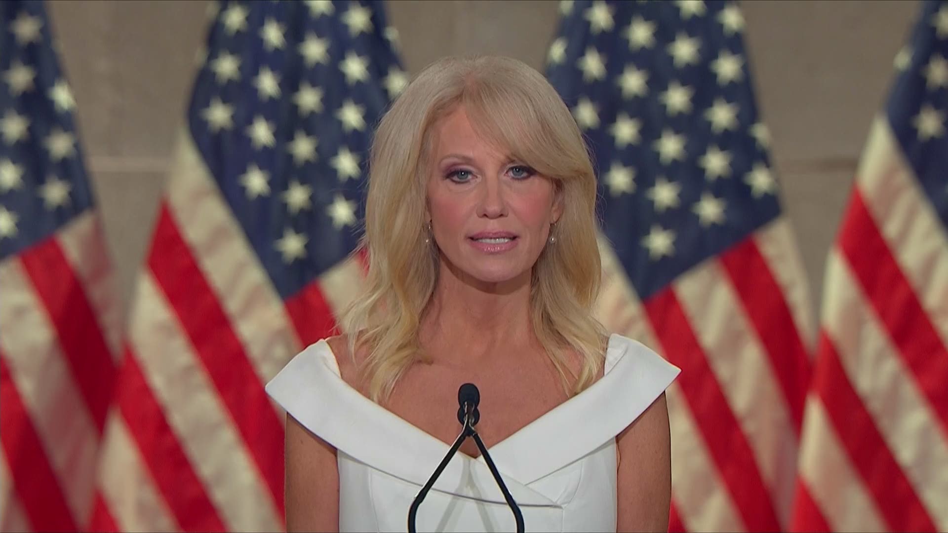 Departing White House adviser Kellyanne Conway addresses the Republican National Convention.