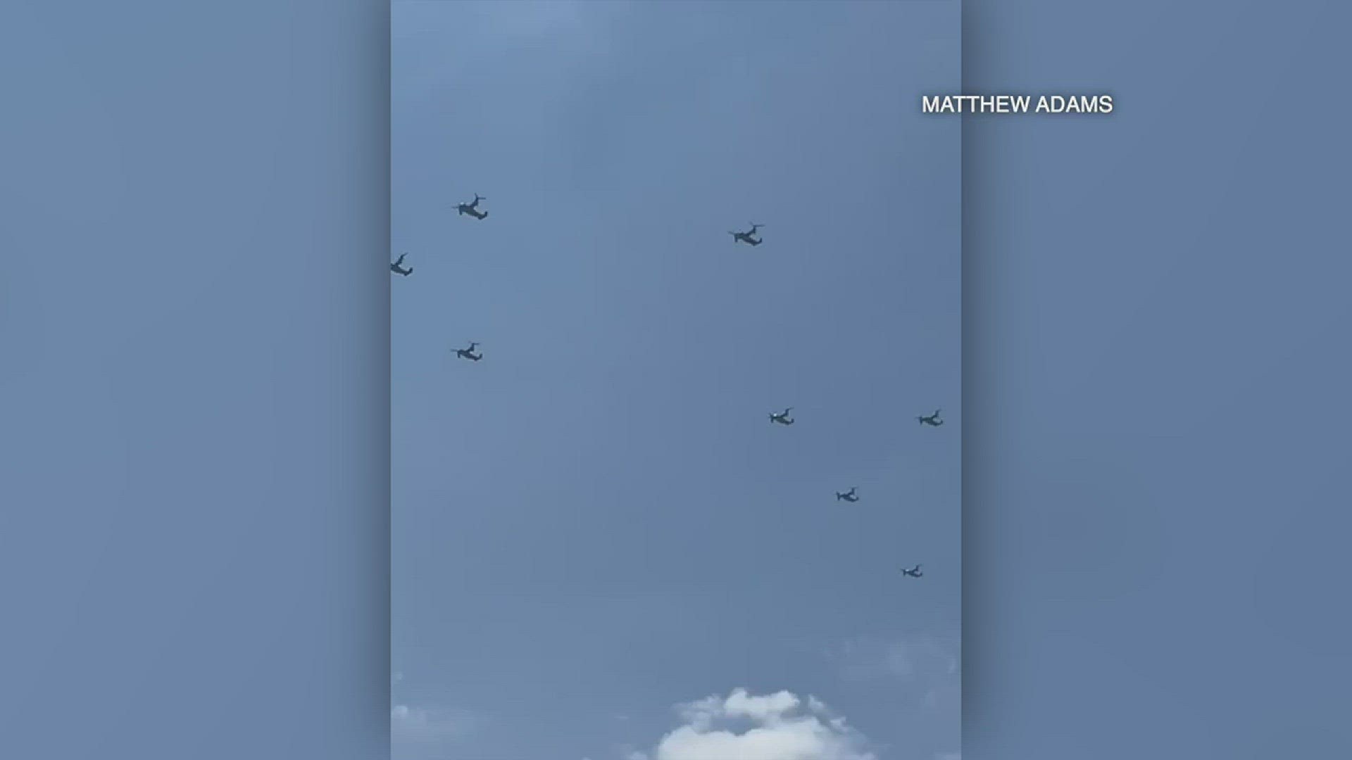 Marine squadron returns home from deployment in a flyover of San Diego.