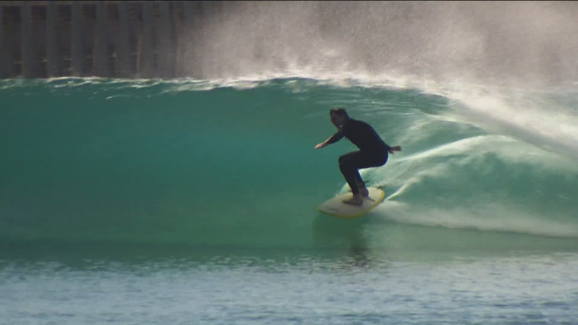 The 2,300-foot long pool, holding 15 million gallons of water, produces waves that last for more than 45 seconds.