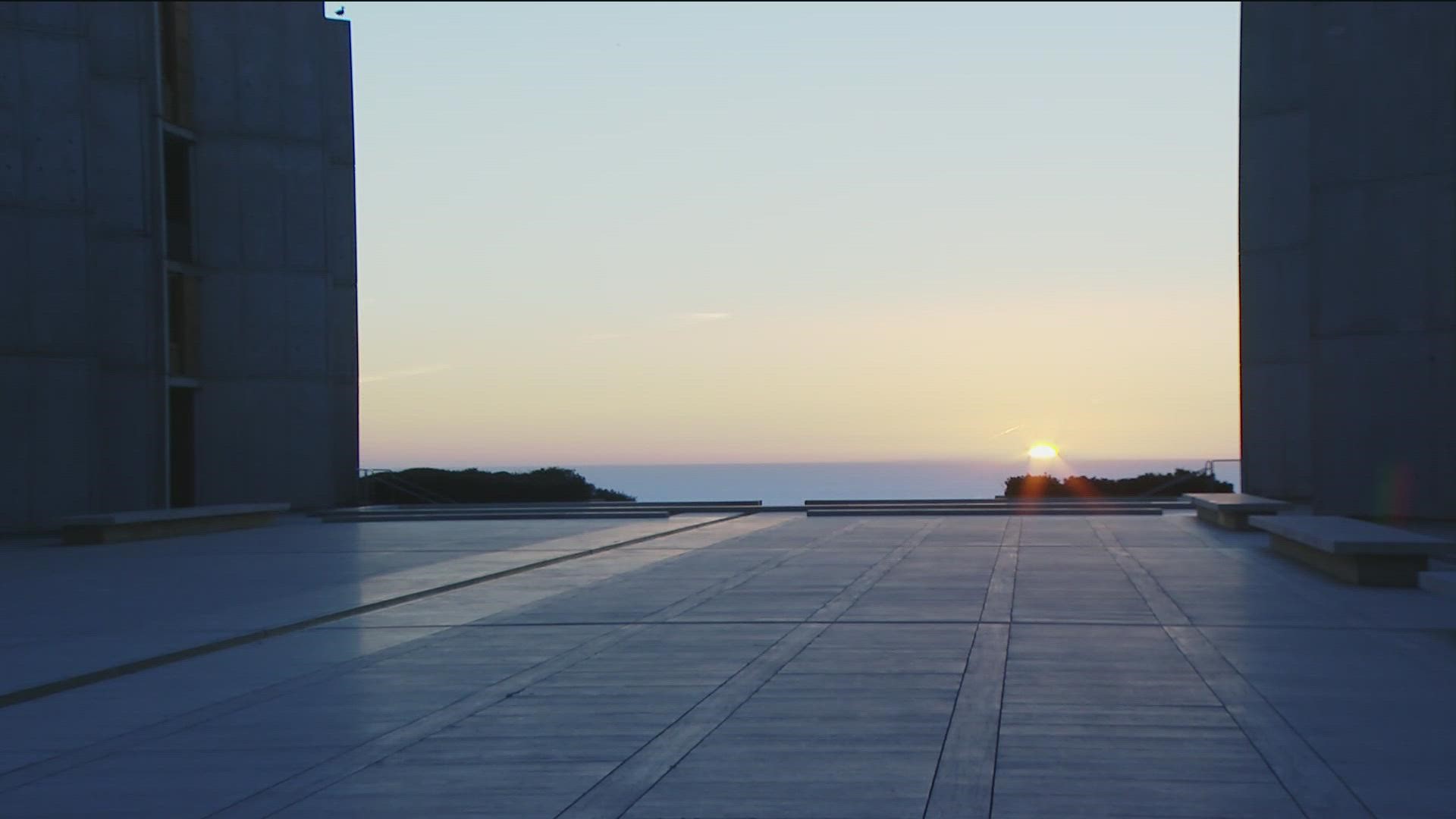 Nearly 100 San Diegans gathered to witness the magic moment as the sun sets over ocean at the Salk Institute in La Jolla. The 'Salkhenge' event happens twice a year.
