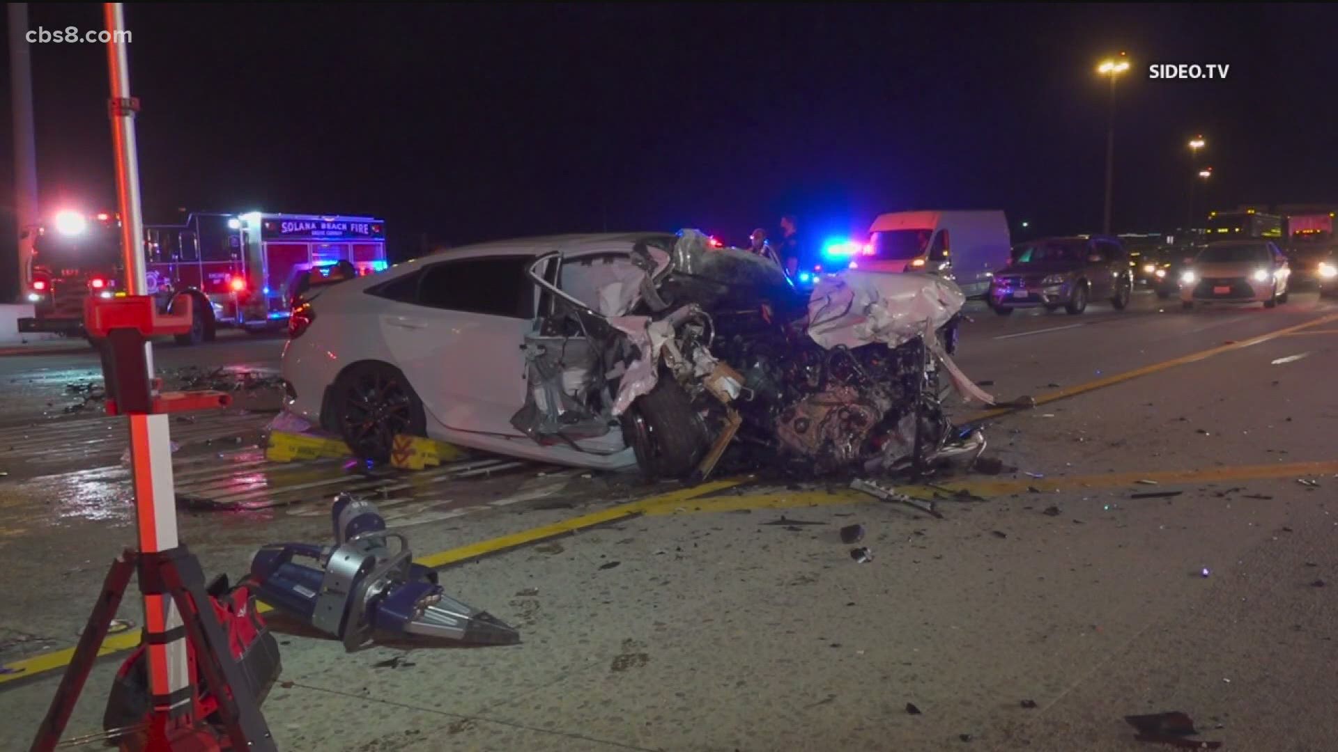 The crash was reported at 12:49 a.m. on the southbound San Diego Freeway at Carmel Valley Road, according to the California Highway Patrol.
