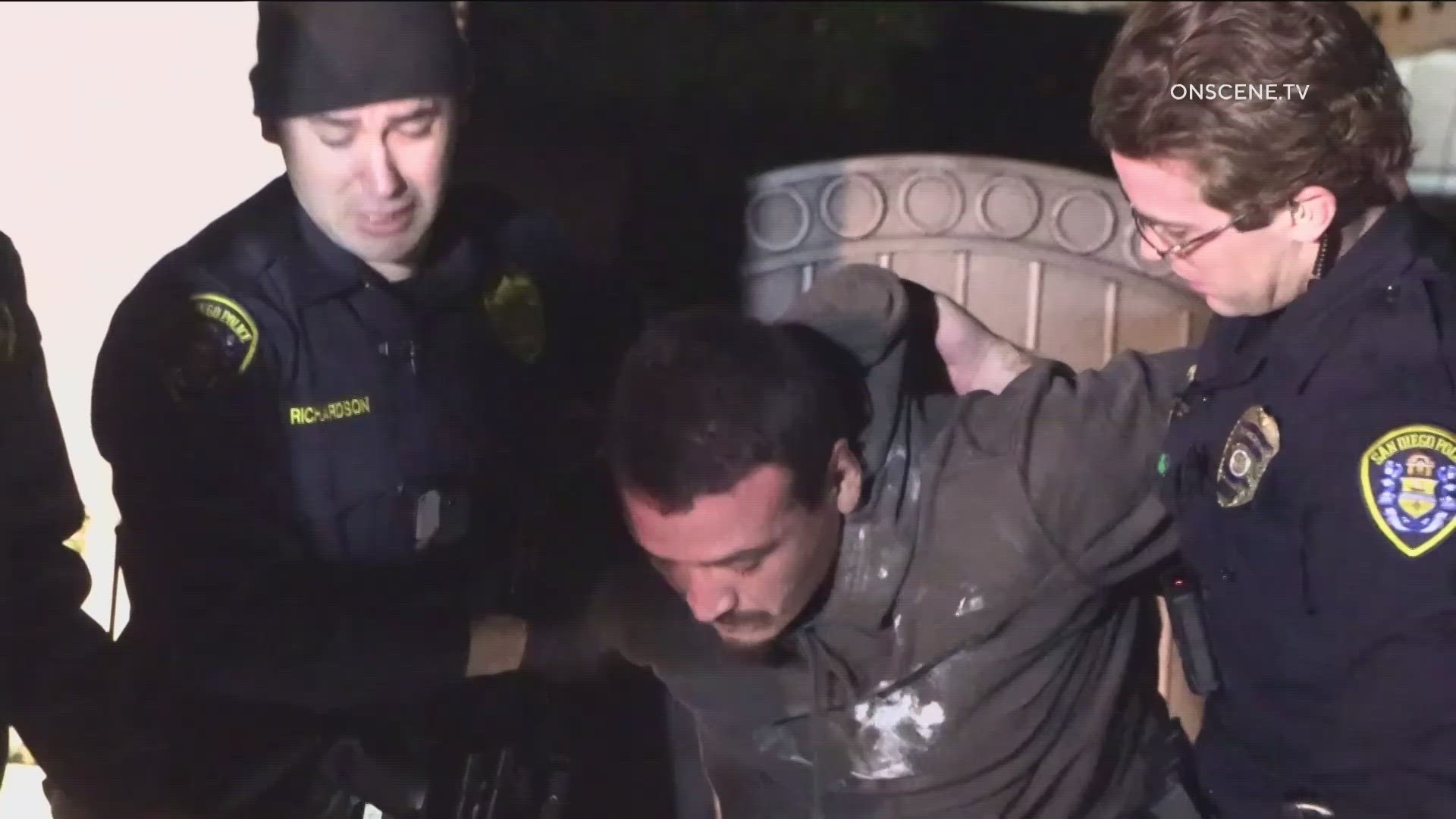 San Diego police fired pepper balls at a suspect in an Alta Vista neighborhood to bring him into custody after he led officers on a pursuit in a stolen vehicle.