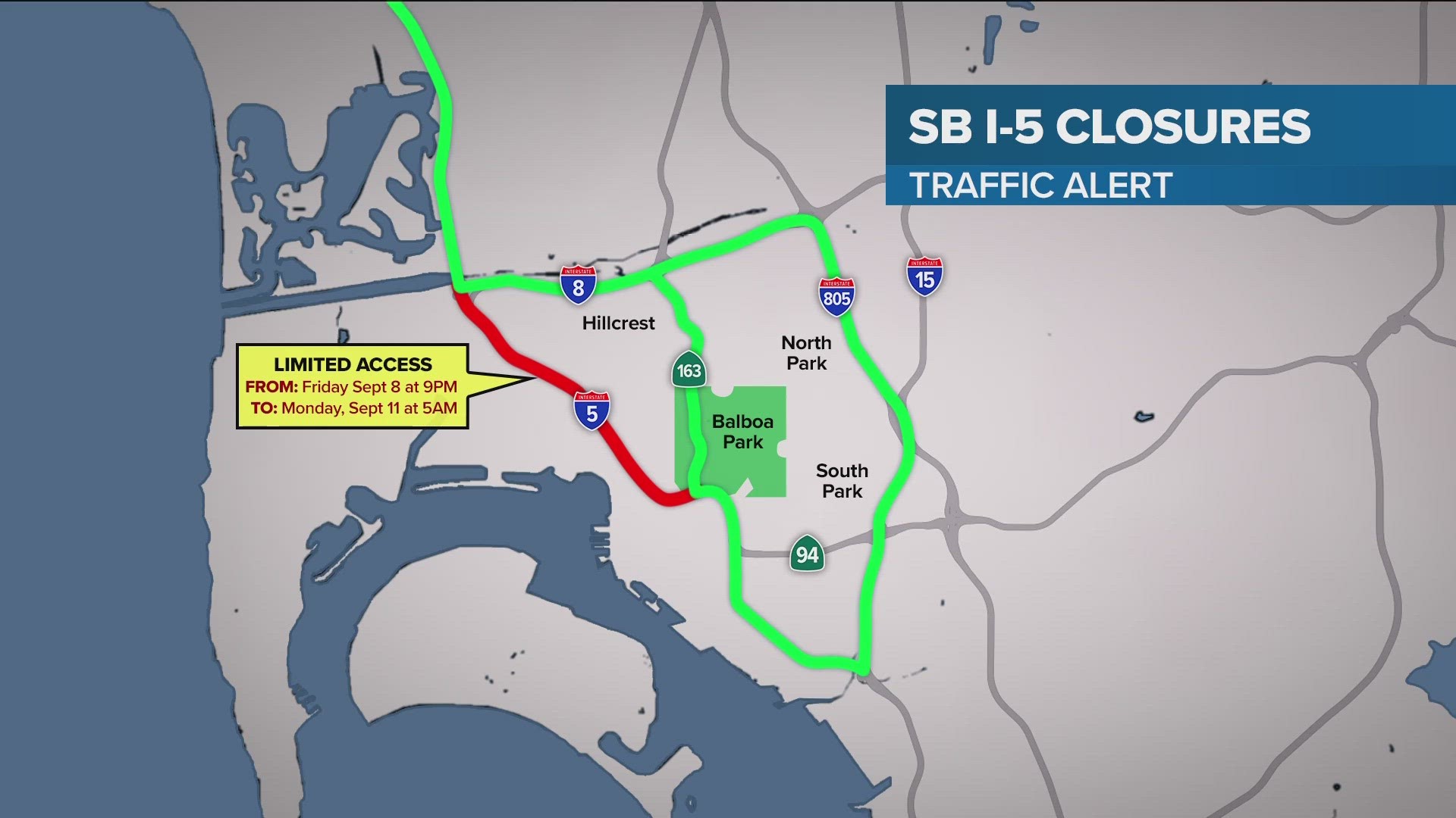 Caltrans has two, 56-hour closures on I-5 in Downtown San Diego scheduled, the first is from Friday,  Sept. 8 at 9 p.m. through Monday, Sept. 11 at 5 a.m.