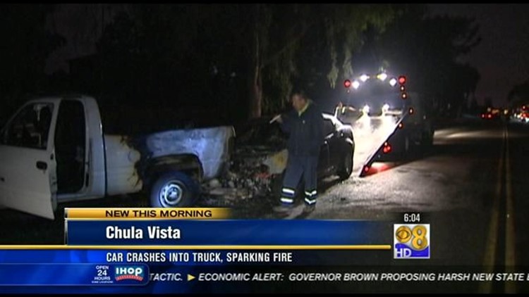 Car crashes into truck, sparking fire in Chula Vista | cbs8.com