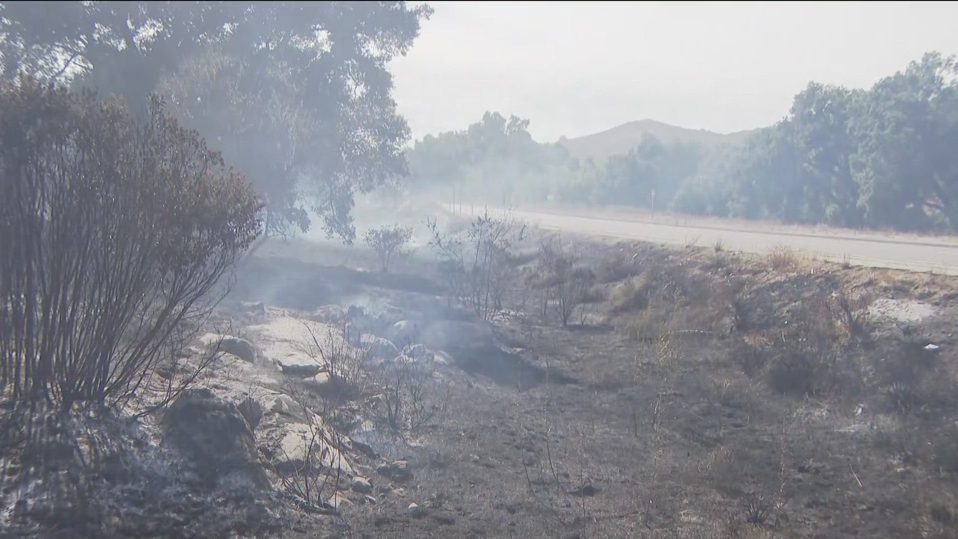 Cal Fire and San Diego County Fire responded to a vegetation fire Wednesday in Ramona near Chuck Wagon Road. It is 5% contained as of 4 p.m.