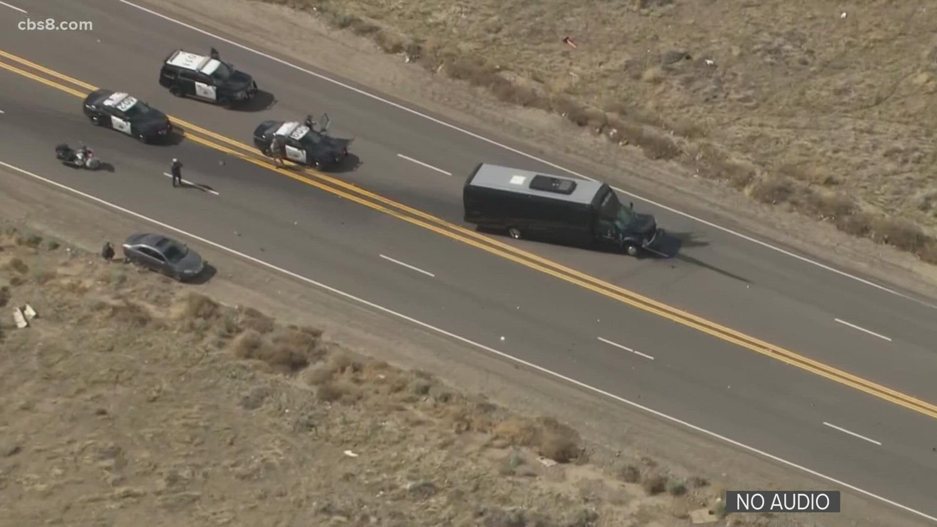 The chase ended on the Sierra Freeway near Palmdale, CA when the driver of the party bus rear-ended a silver vehicle.