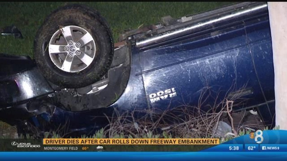 Driver dies after car rolls down freeway embankment | cbs8.com