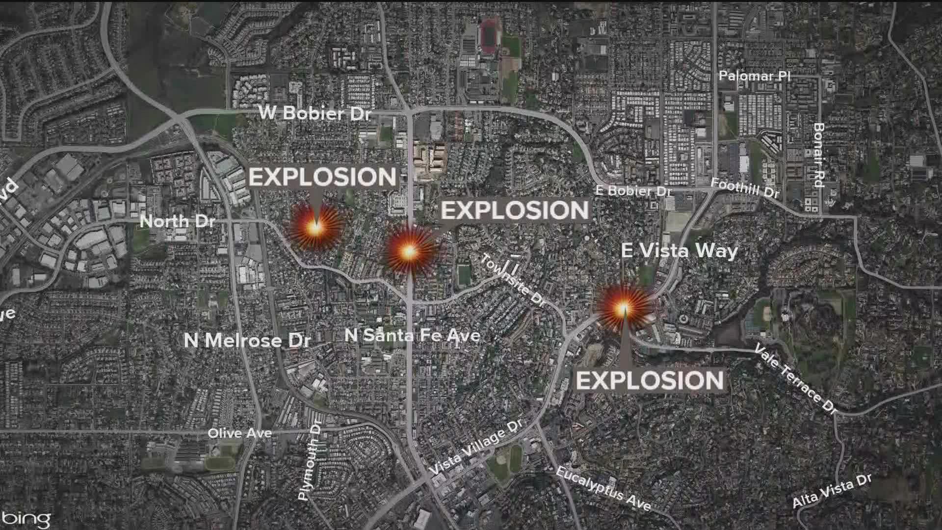 Two men and a woman were arrested Saturday in connection with Wednesday's string of explosions in Vista, authorities said.