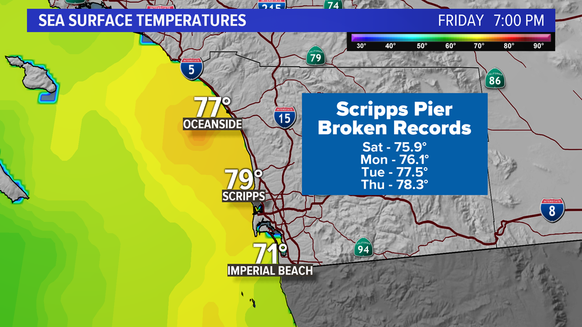 Unusually warm water temperatures off the San Diego coast
