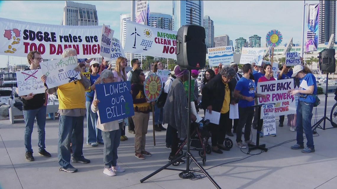 San Diegans protest SDG&E president as he addresses industry conference at Rady Shell