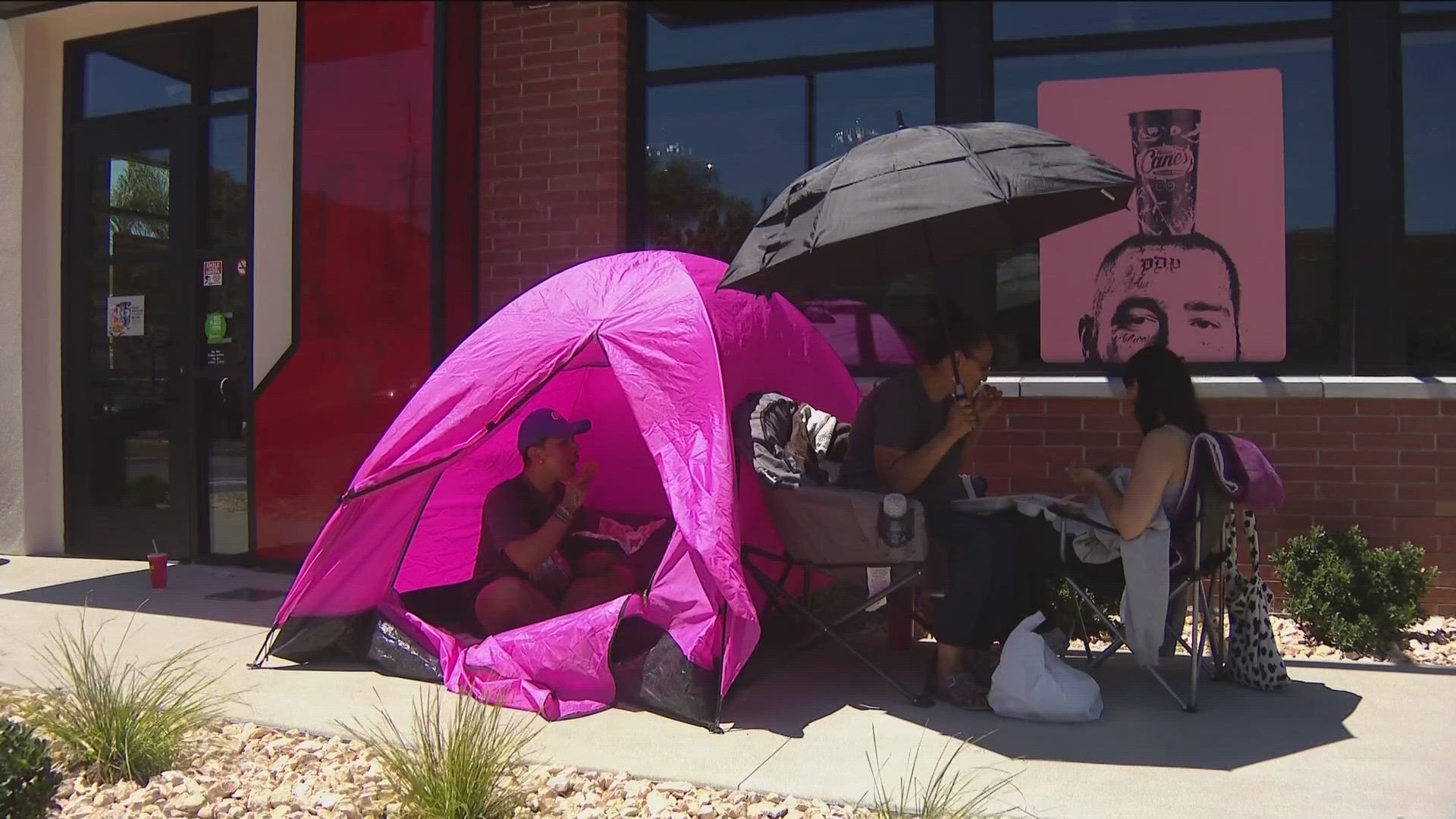 Arturo Gonzalez, a San Diego native, camped out in front of a new Rancho San Diego Cane's location in hopes of winning free Cane's for a year.