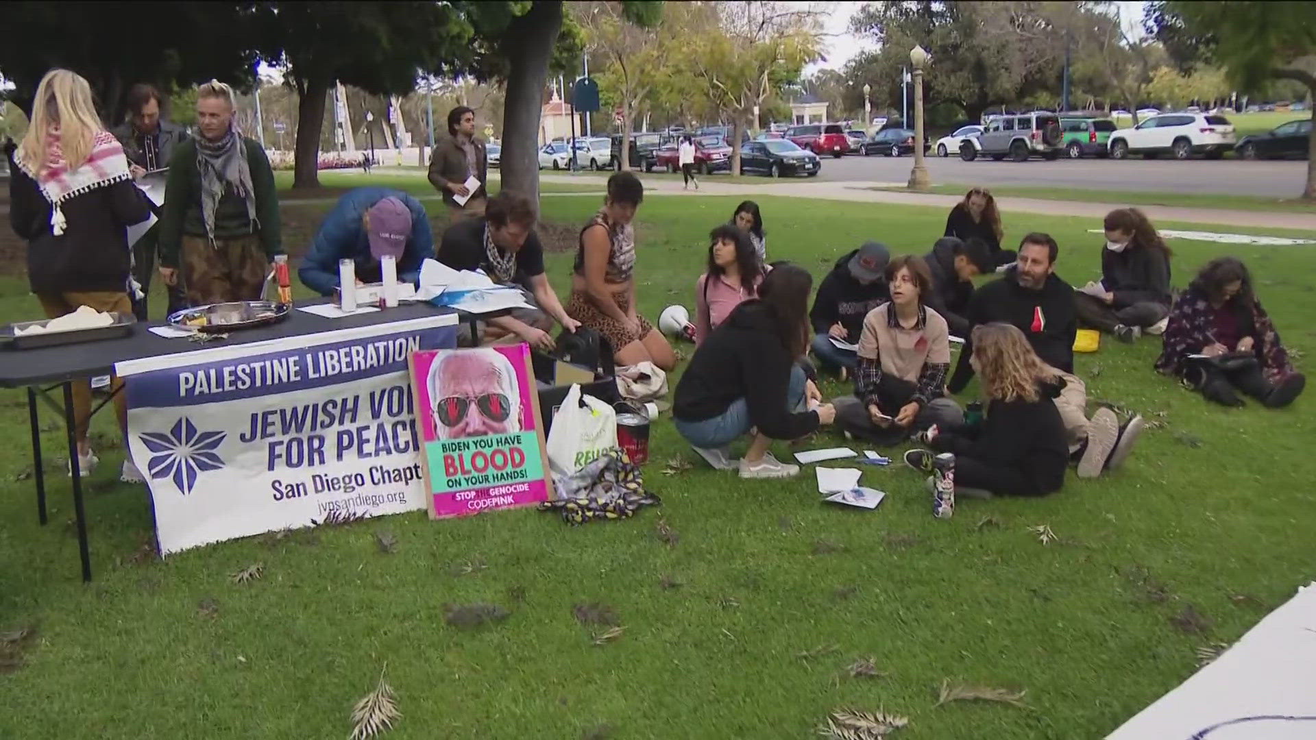 The demonstrators held a rally at Balboa Park Wednesday to protest the humanitarian catastrophe in Gaza.