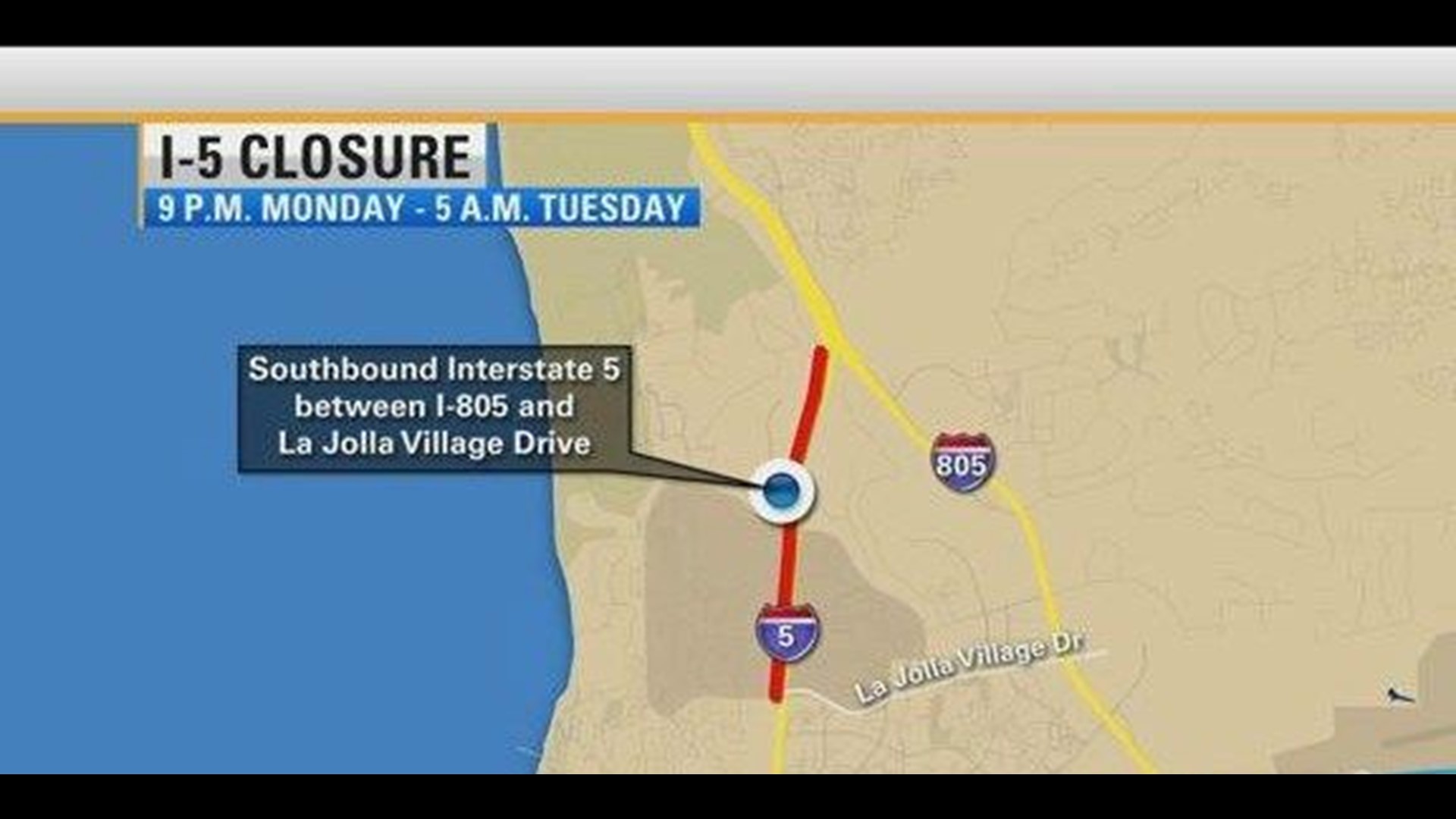 I5 closures near La Jolla Monday night to Tuesday morning
