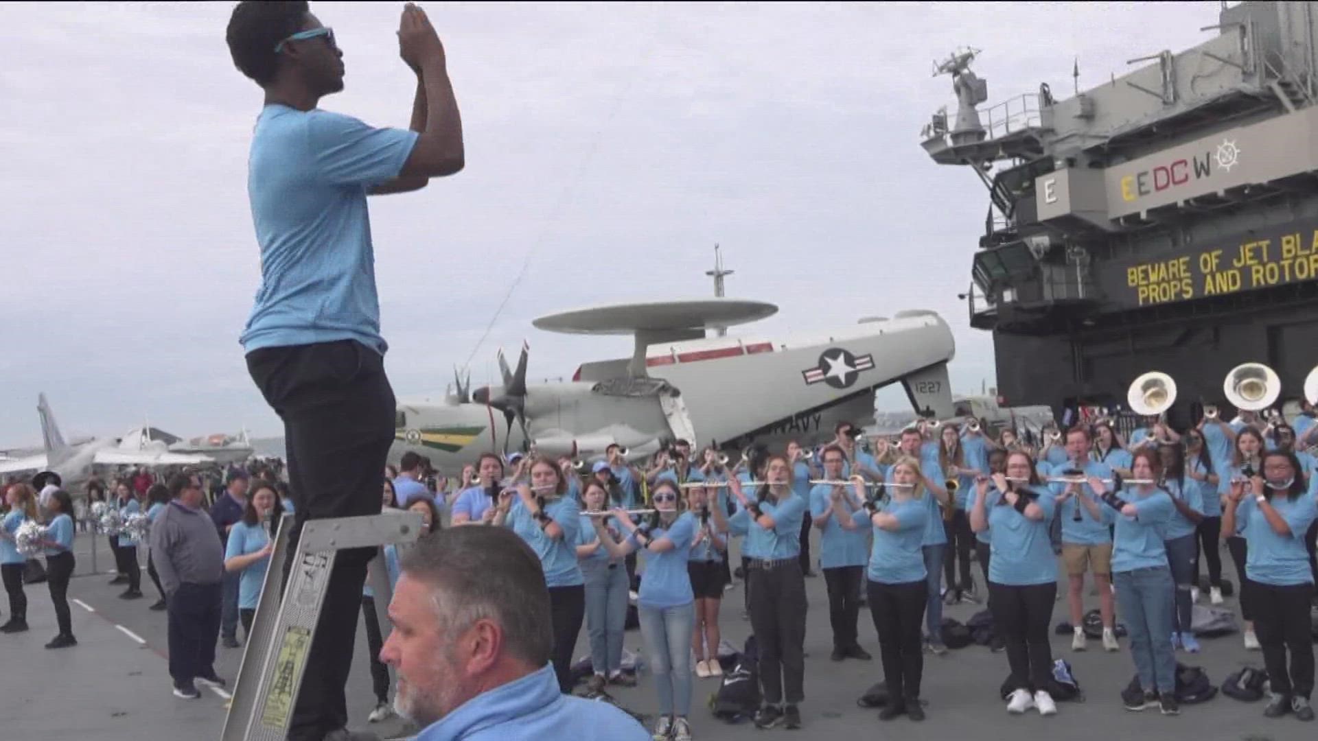 The UNC Band entertained USS Midway Museum guests as one of a number of events for the band during Bowl Week in San Diego.