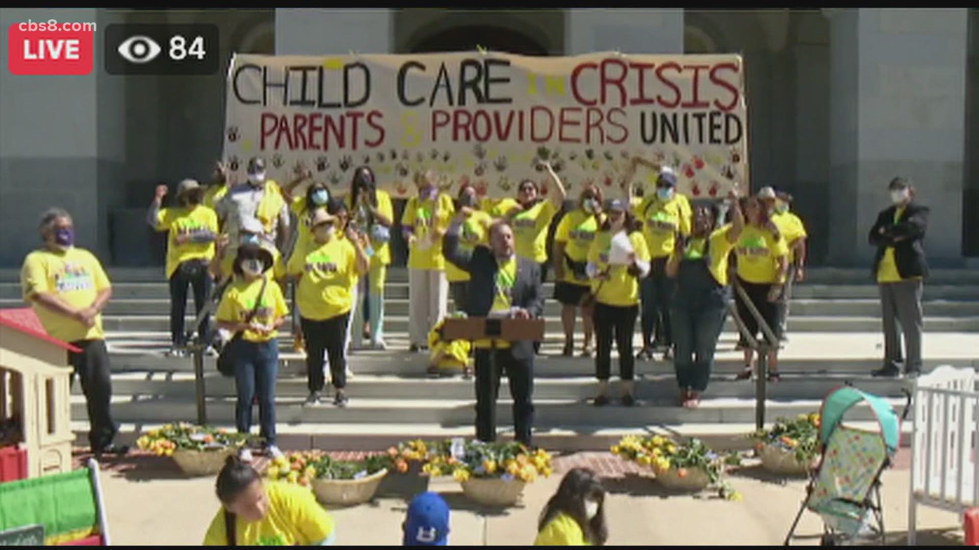 In Sacramento, the largest daycare workers union in California rallied on the steps of the capitol urging Governor Gavin Newsom to raise child care rates.