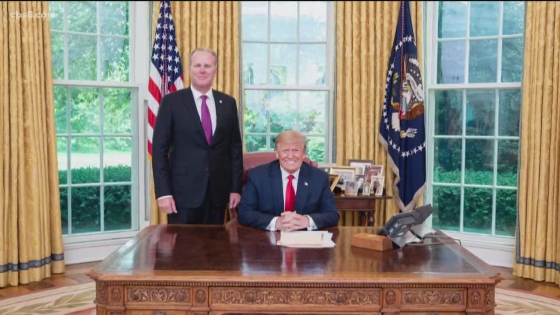 San Diego Mayor Kevin Faulconer met today with President Donald Trump at the White House, where they discussed U.S.-Mexico border and homelessness issues, among other topics.