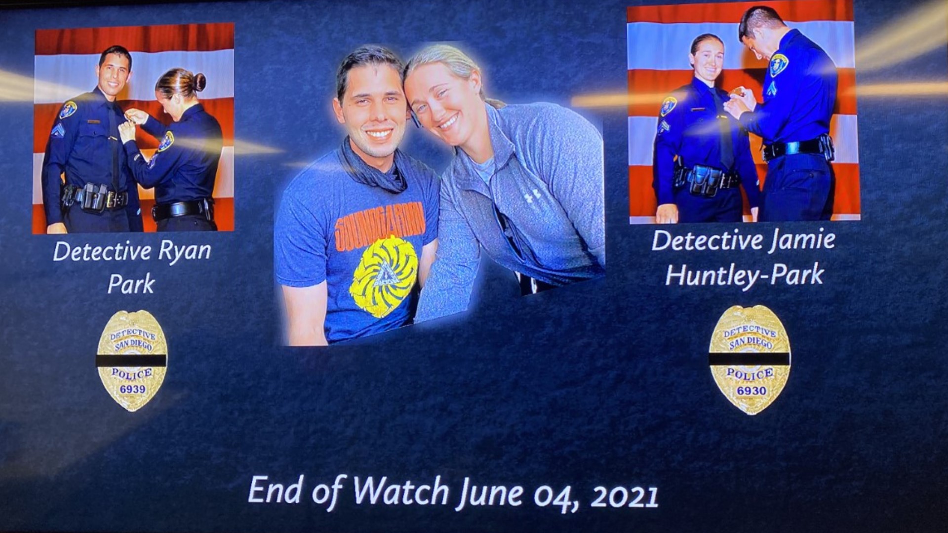 The 2 San Diego police detectives who died after being hit by a wrong-way driver on I-5 were identified as a married couple, Jamie Huntley-Park and Ryan Park.