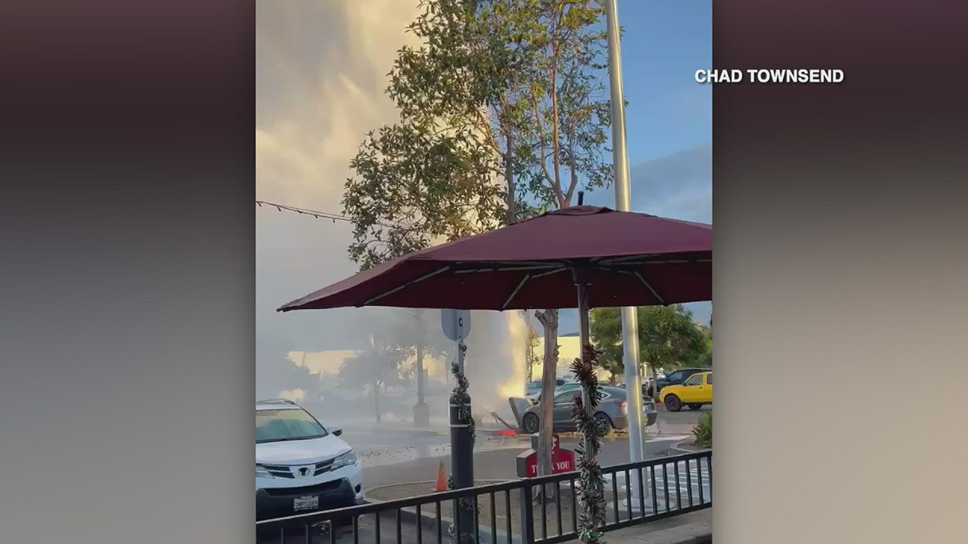 A Tesla was sent barreling into a fire hydrant in Eastlake Chula Vista while diners at Chick-fil-A watched water gush from a hydrant into the air.