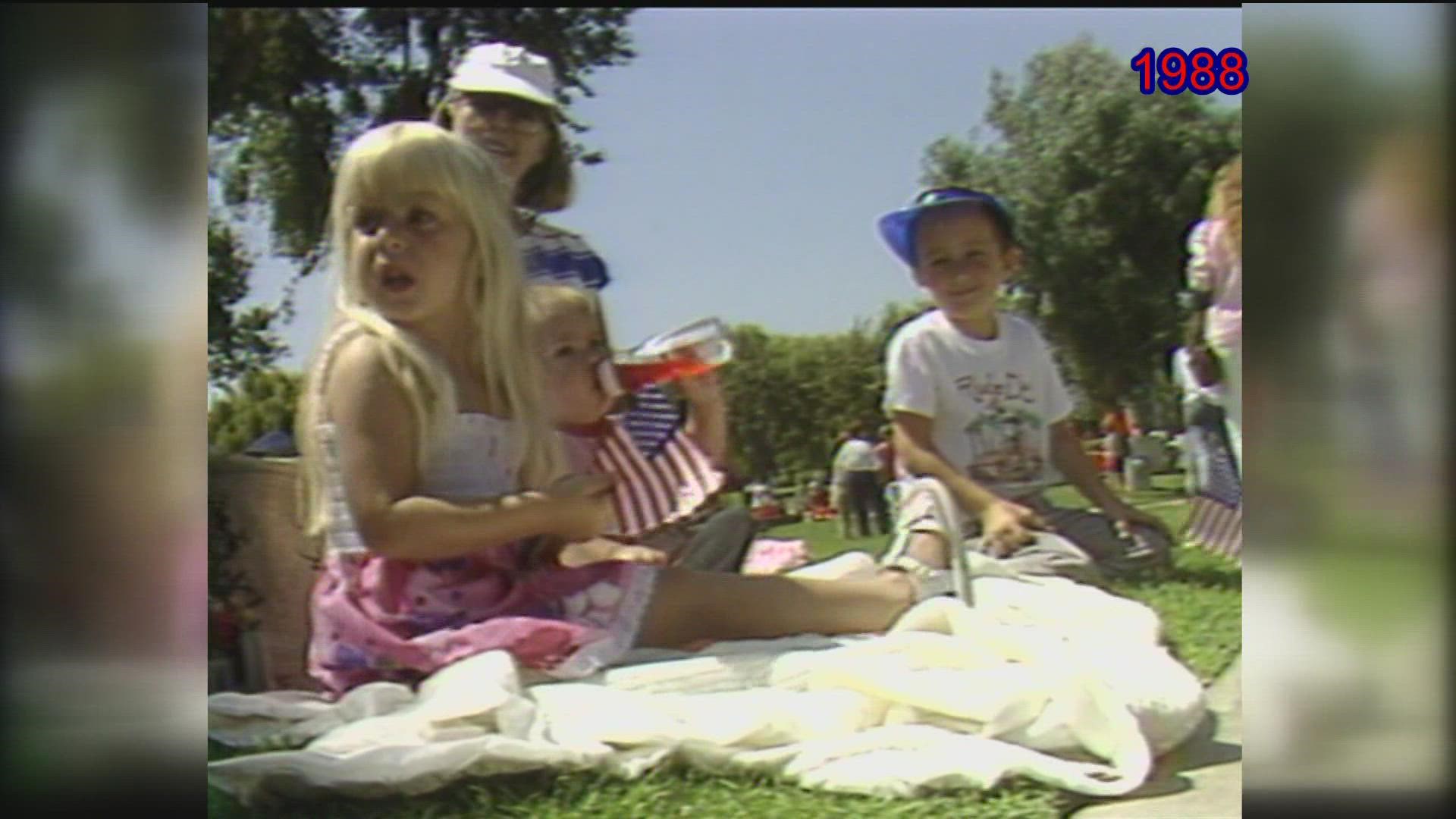 John Culea covers parades in '86, Doug McAllister reports on beach crowds in '88 and Larry Himmel emcees the patriotic pets contest in Rancho Bernardo in 2011.