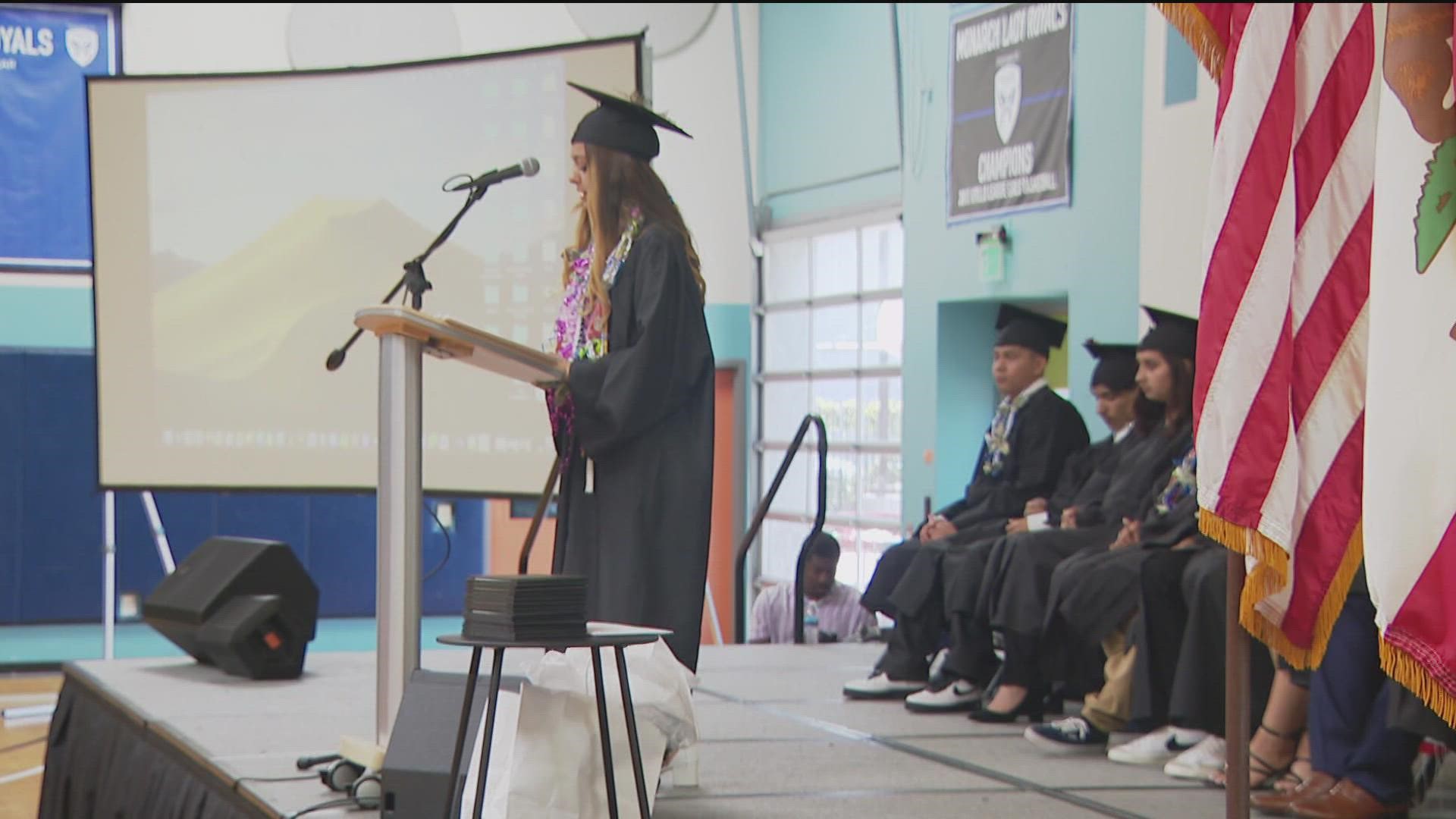 The graduating senior class at Monarch School in Barrio Logan received their high school diplomas Thursday.