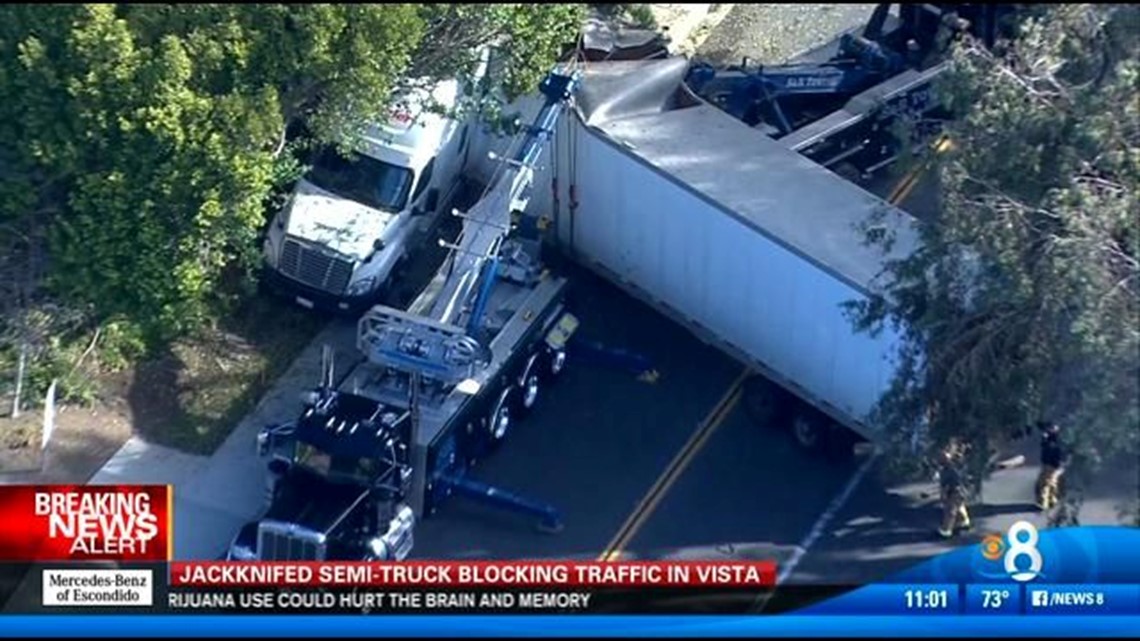 Jackknifed semitruck blocks traffic in Vista