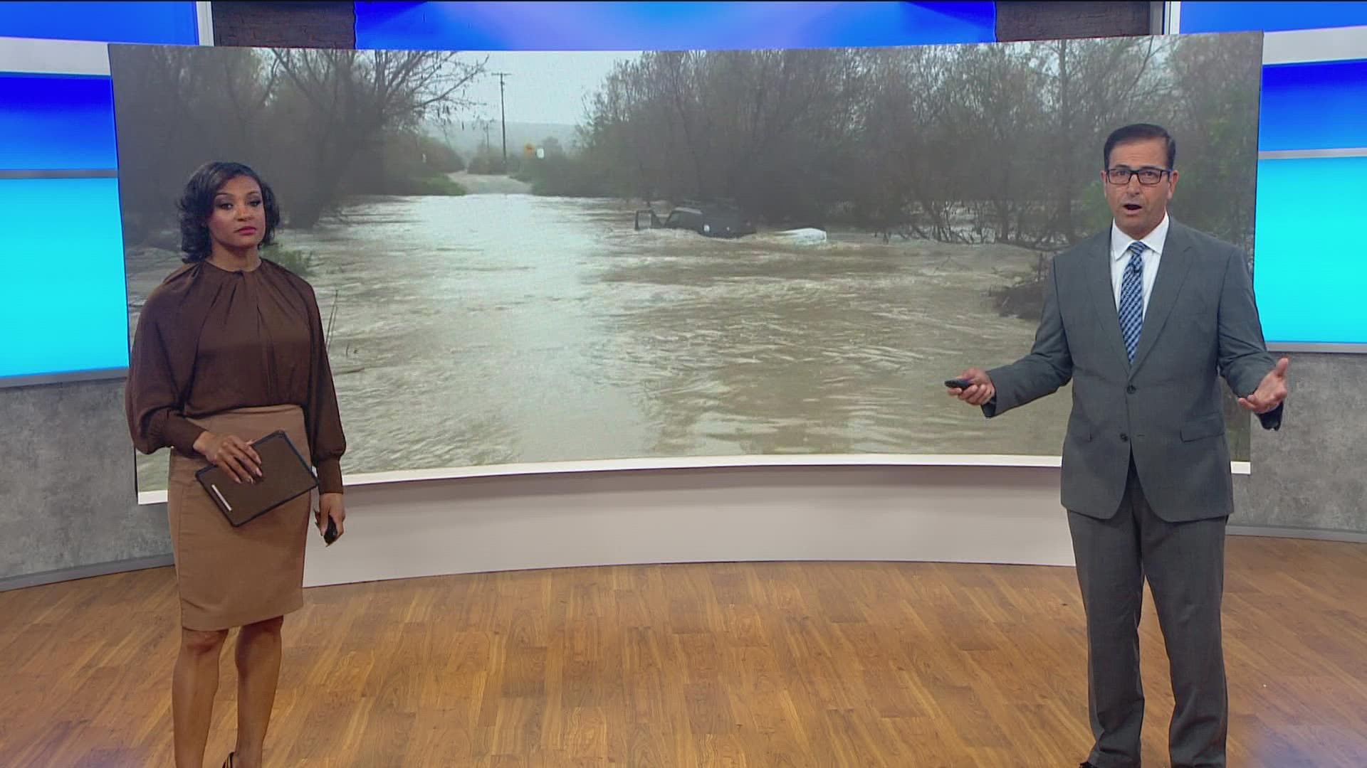 San Diego Lifeguards discover abandoned SUV submerged in rushing waters of Tijuana River Valley in San Ysidro.