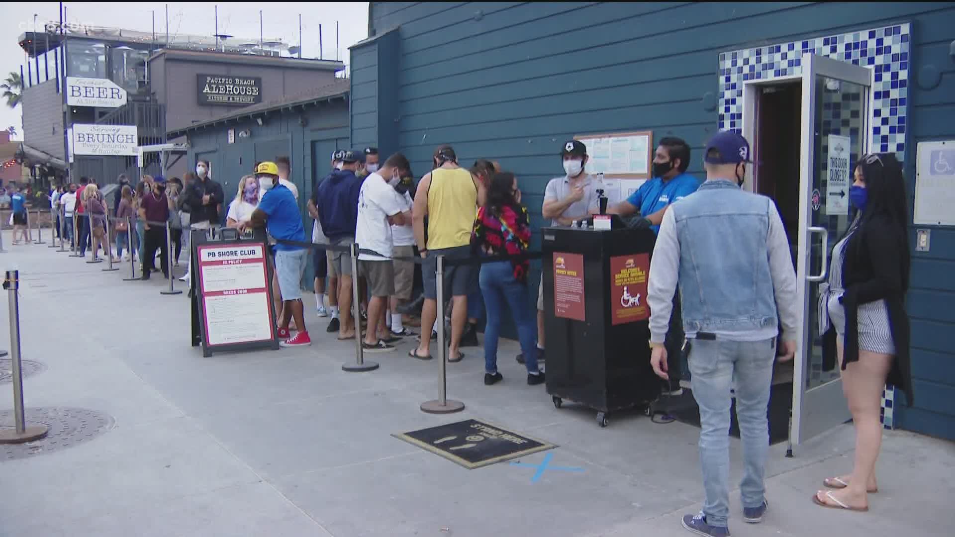 News 8's Abbie Alford reports from Pacific Beach on how long lines have not deterred others from flocking to beach hangouts.