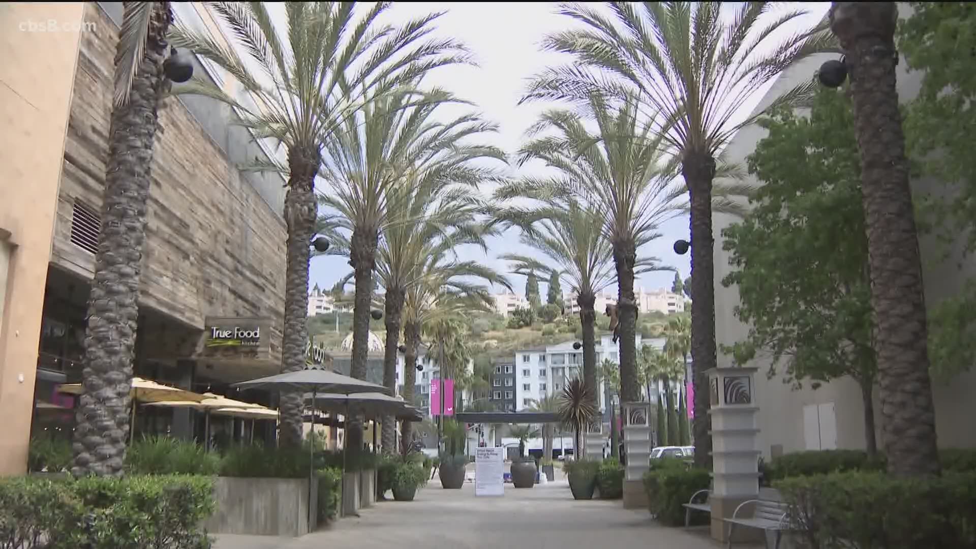 The upscale outdoor mall is the first major shopping center in San Diego to reopen after the county approved a plan allowing restaurants and retail shops to open.