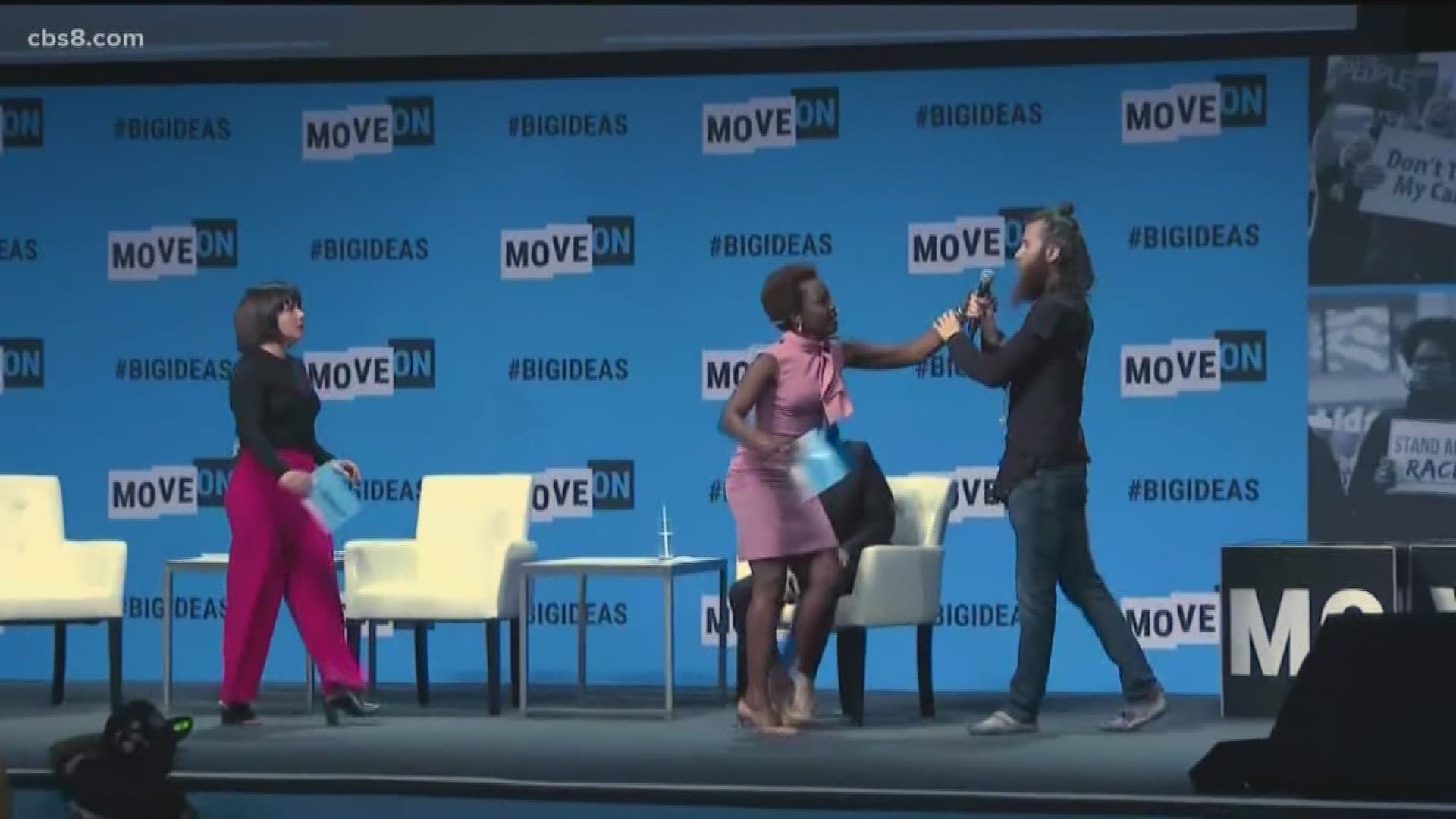 While Harris was speaking at a panel hosted by the liberal group MoveOn in San Francisco, a man jumped on stage disrupting the presidential candidate.
