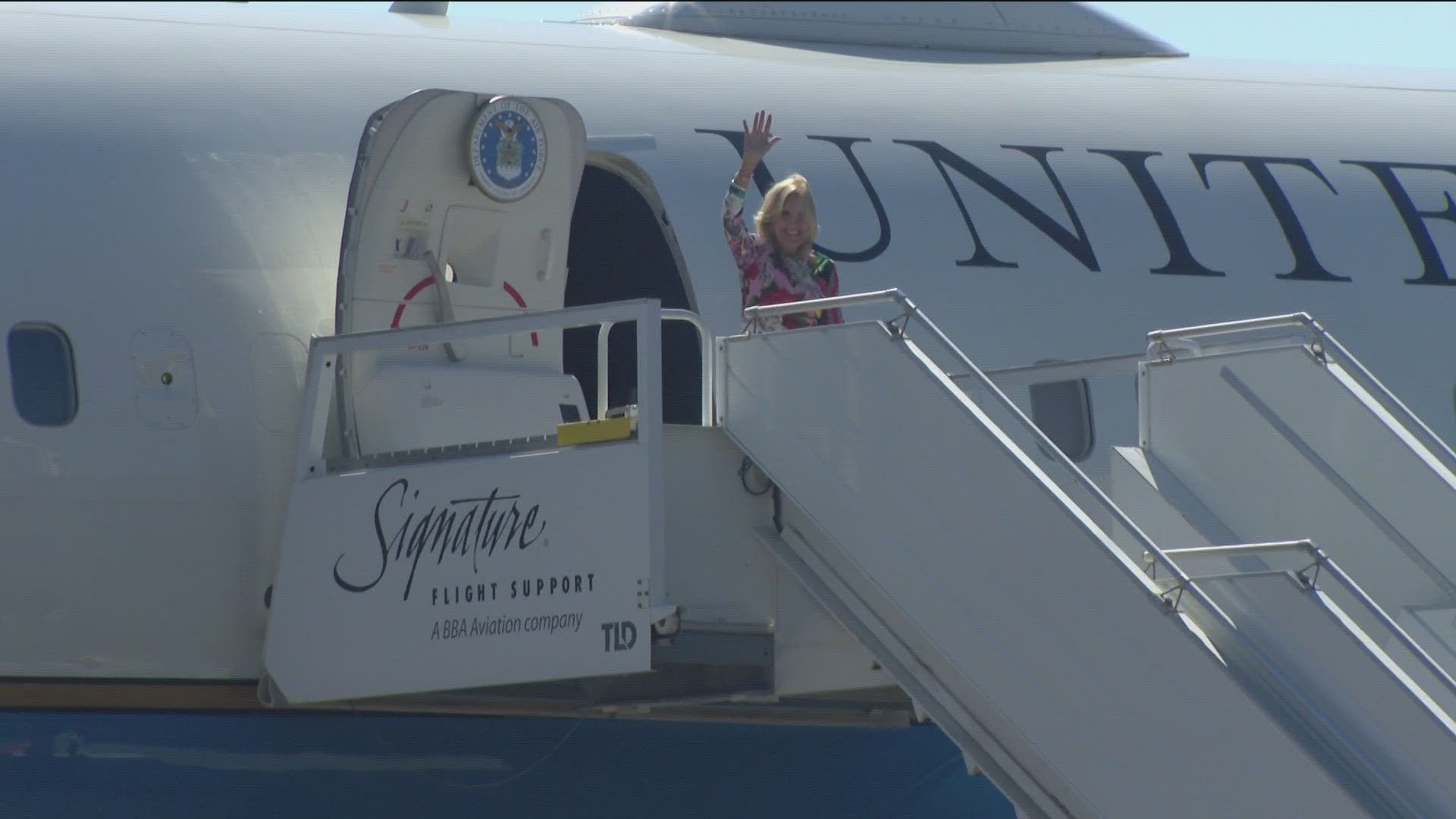 The first lady landed at San Diego International Airport at a little after 2 p.m. Saturday. San Diego Mayor Todd Gloria greeted her at the airport.