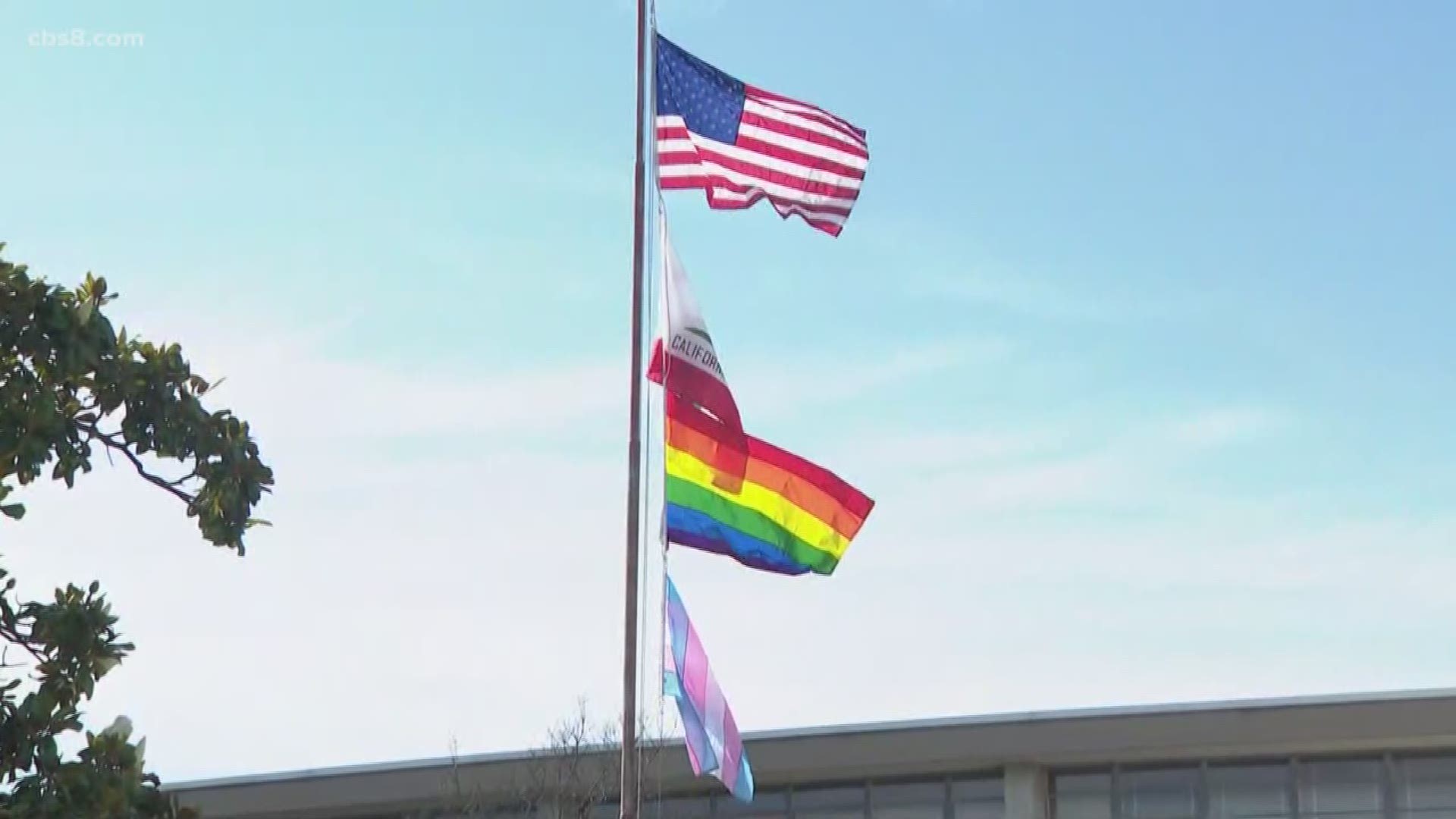 The San Diego Unified School District raised the Rainbow and Transgender Pride flags at its headquarters for the first time Friday in support of Pride Month.