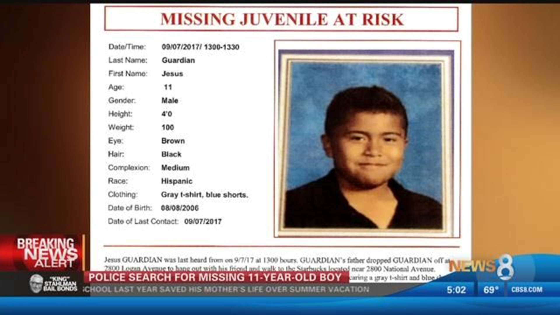Police Search For 11 Year Old Missing Boy Cbs8 Com