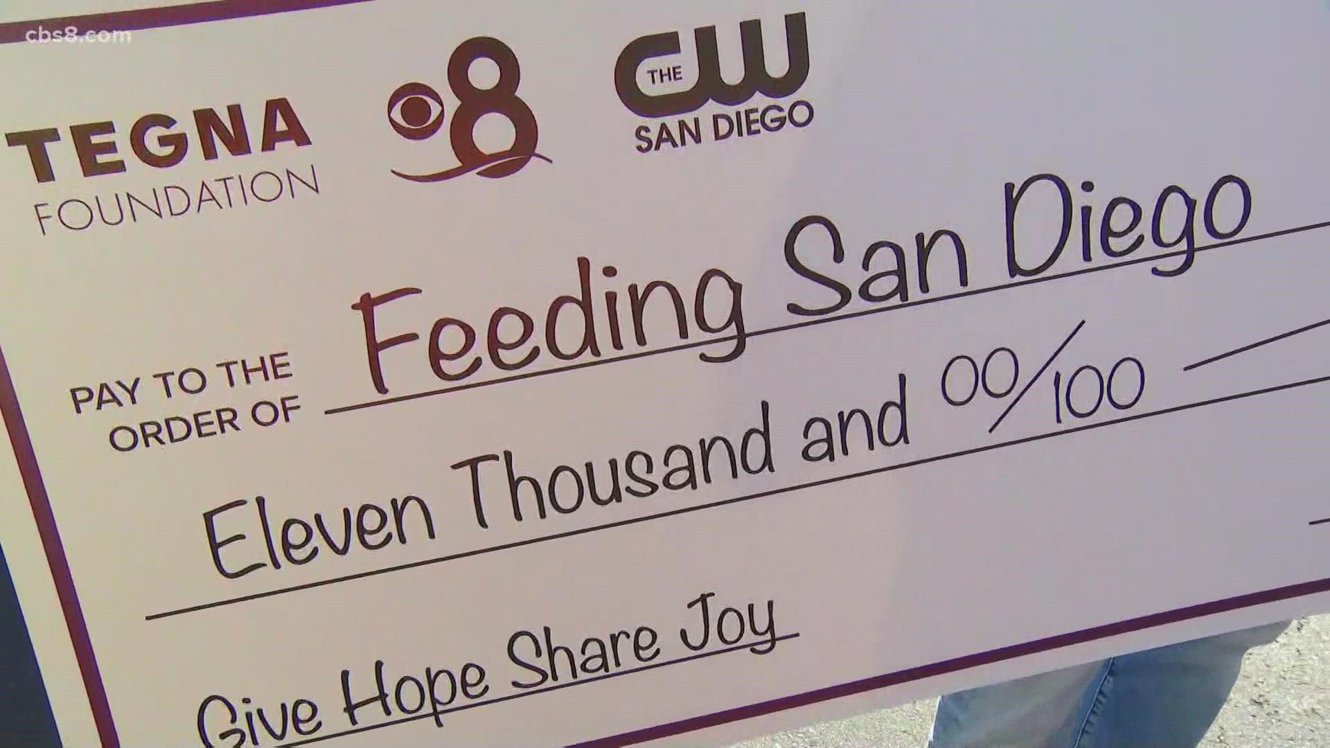 During the food drive Friday, December 17, CBS 8, on behalf of the TEGNA Foundation, presented Feeding San Diego with a $11,000 check to help with the need.