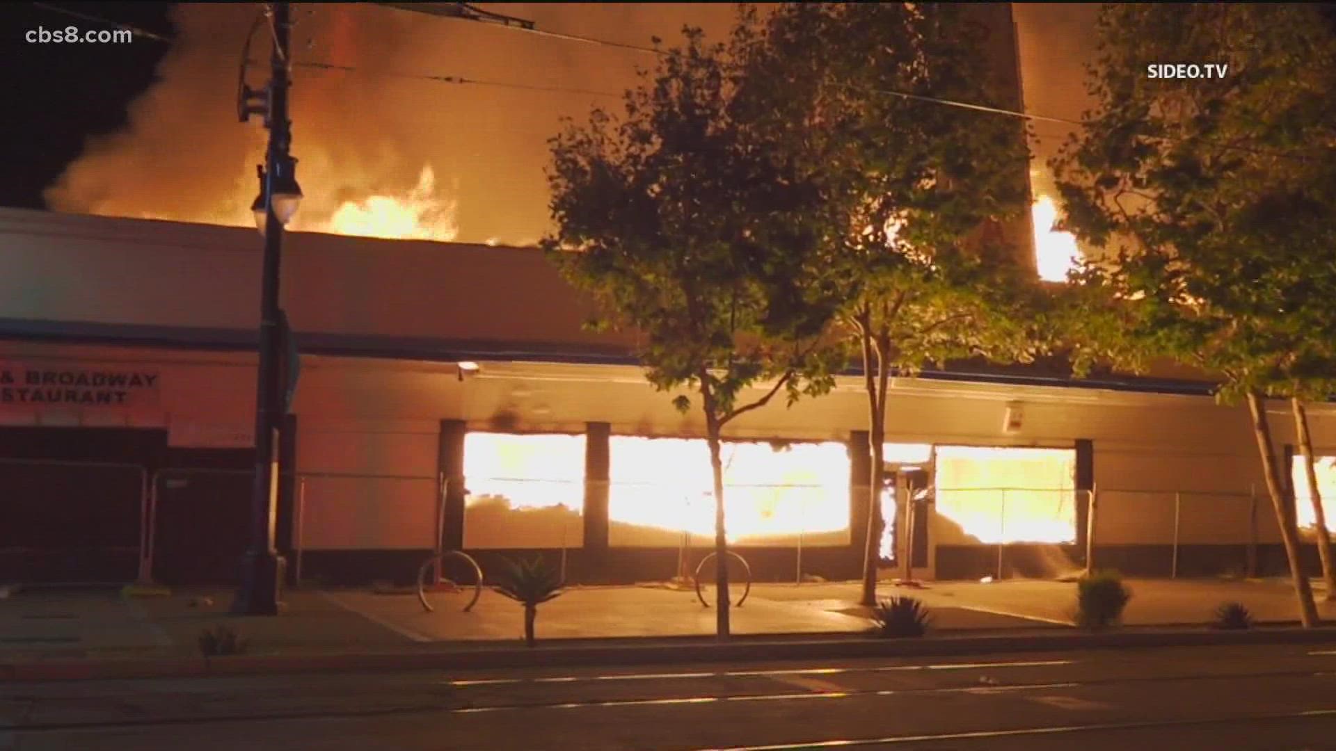A SigAlert was issued as the fire department worked to extinguish a fire near Park Boulevard and Broadway in San Diego Tuesday.