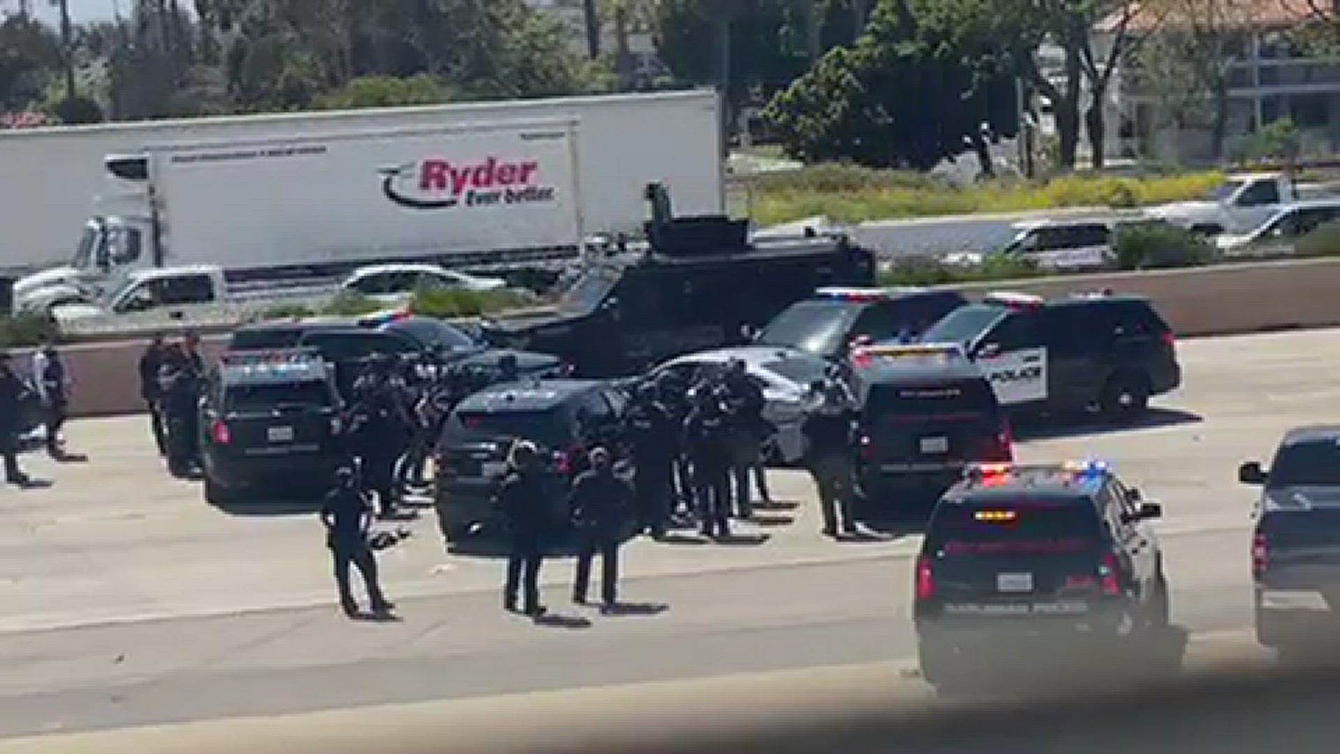 Northbound Interstate 5 in Carlsbad was shut down while police negotiated a suspect who led authorities on a chase into custody.
Credit: Jan Garner