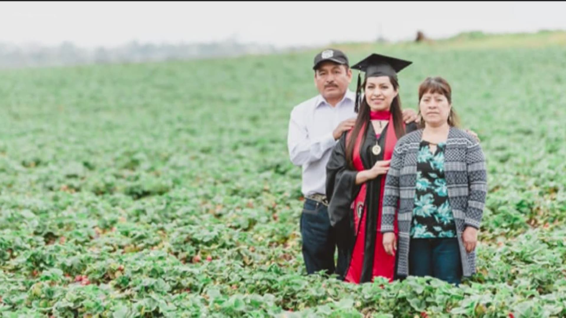 A San Diego State University graduate’s photographs of her standing with her immigrant parents in the agricultural fields where they work have gone viral.