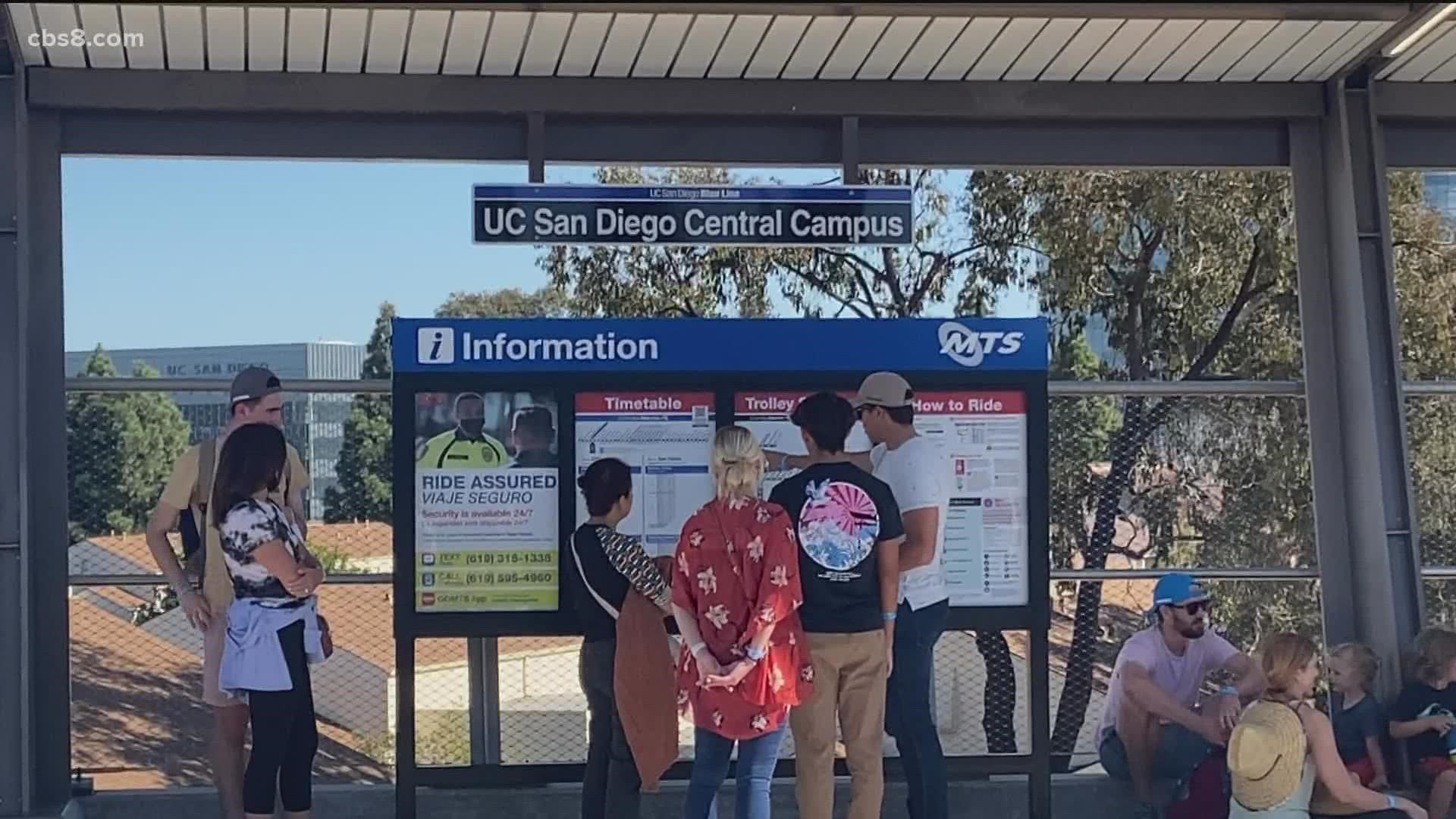 Crowds of people hopped on the trolley at the UCSD stop for a free ride.