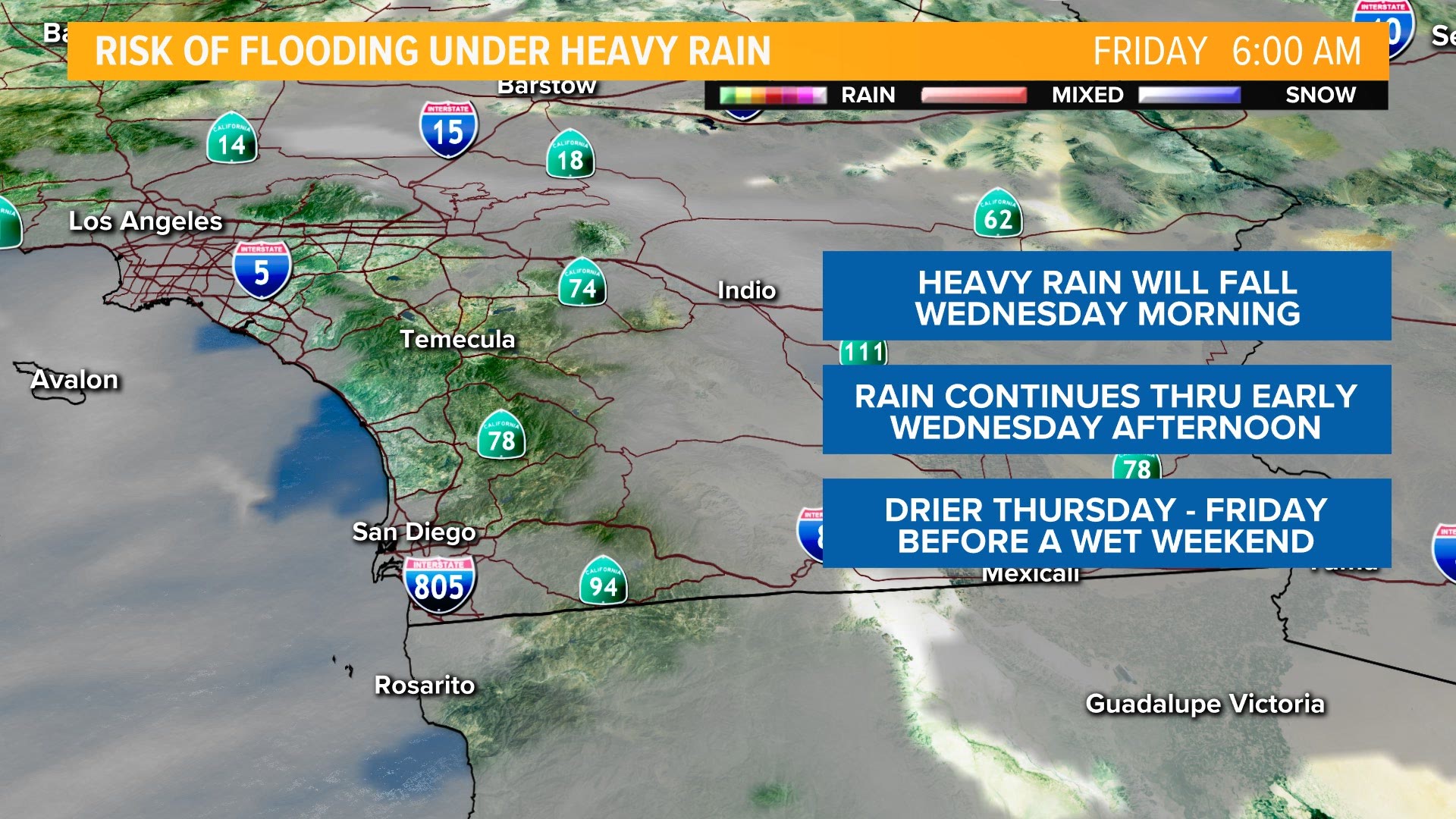 A Flash Flood Warning has been issued that will be in effect from 6 a.m. through Wednesday afternoon in the coastal and inland valley areas as well as the mountains.