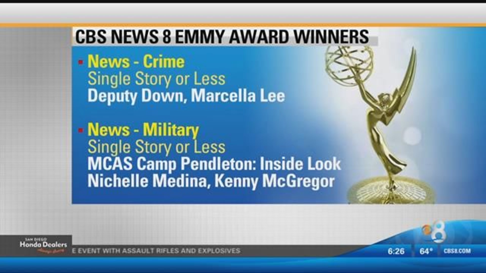 CBS News 8 takes home three Emmy Awards