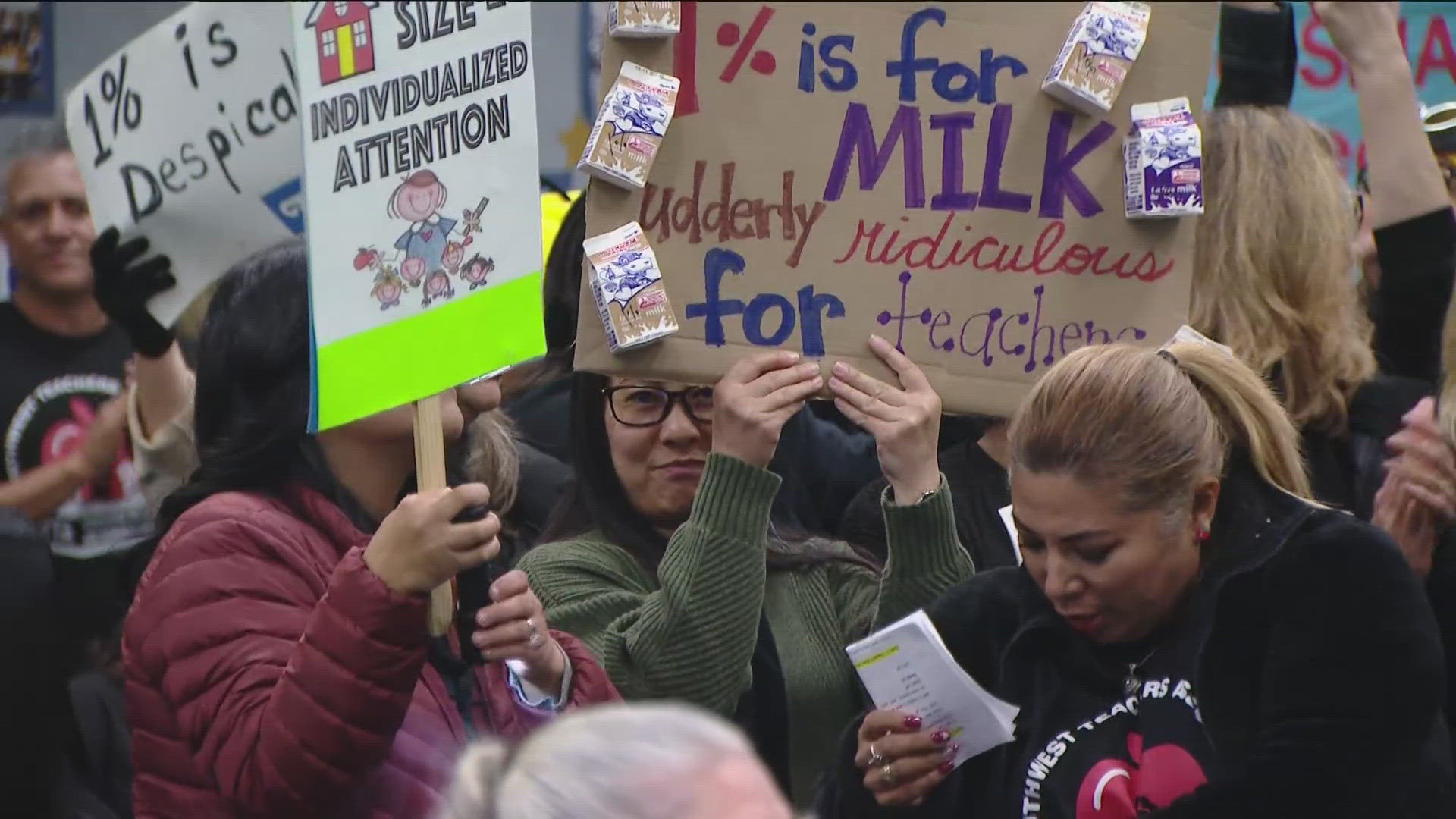 Parents, teachers protested at a South Bay school board meeting, demanding pay raises, smaller class sizes, and opposing school closures due to declining enrollment.