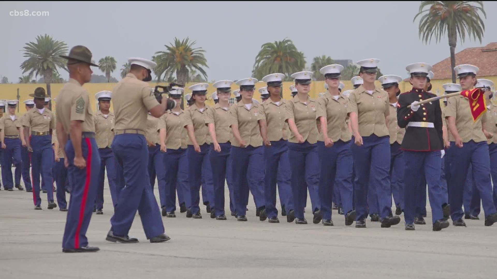 Marking a major Marine milestone, a platoon of women become first to graduate from MCRD San Diego. The 53 female Marines completed the region's first co-ed boot camp