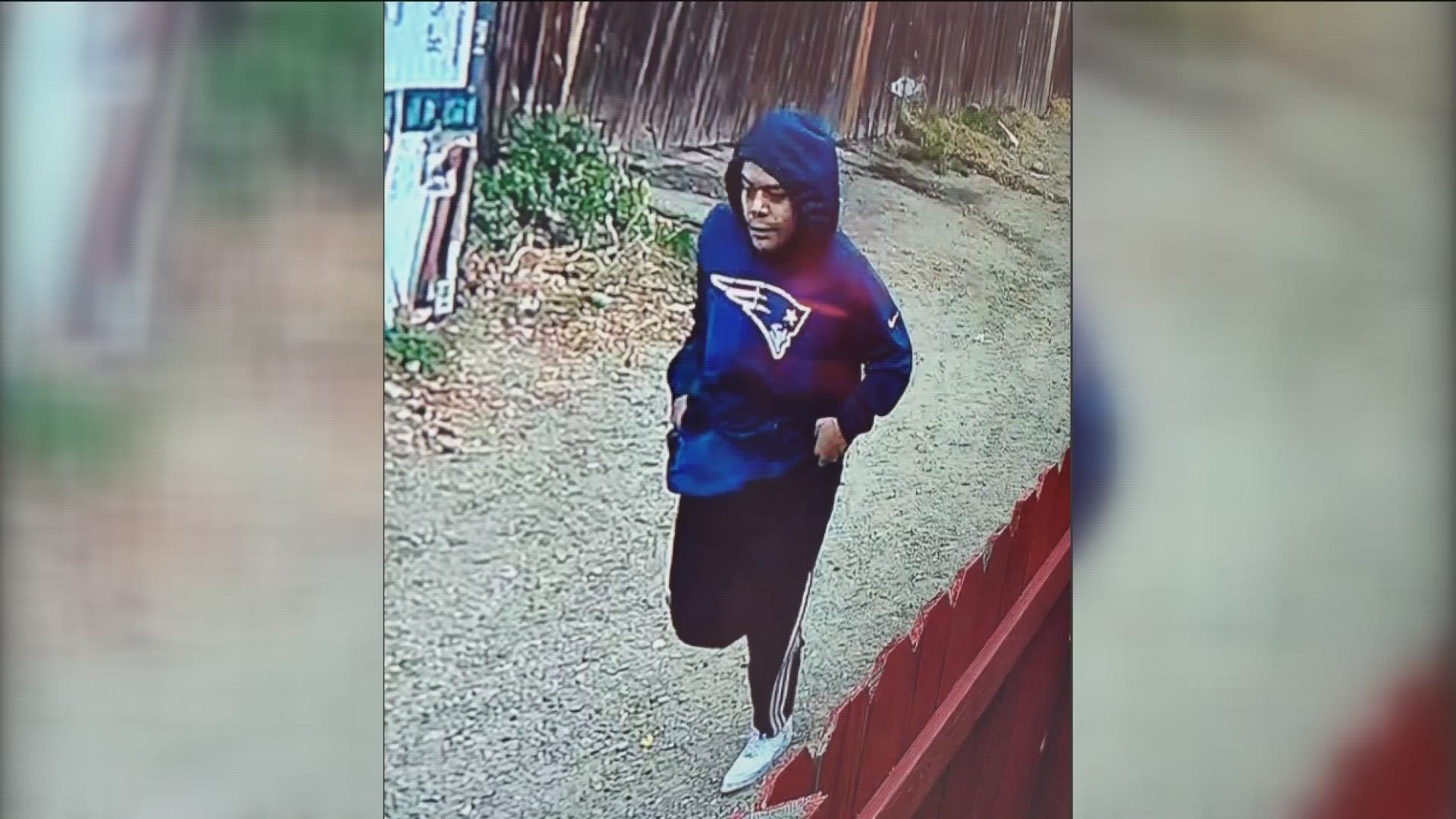 Police describe the suspect as a Hispanic or Asian man, mid 20's to 30's, wearing a New England Patriots hooded sweatshirt, dark pants and white sneakers.